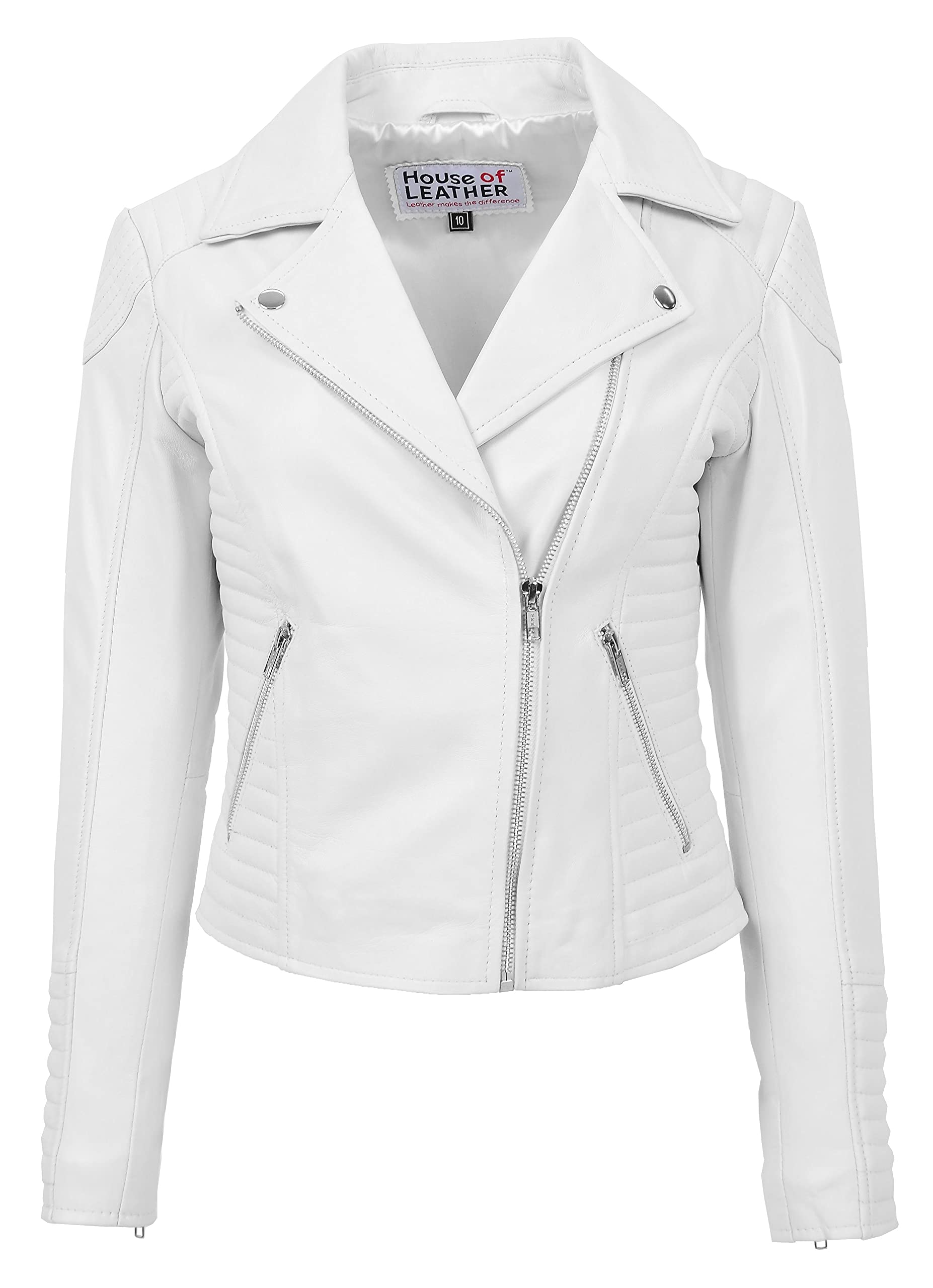 Womens Real Leather Biker Jacket Cross Zip Slim Fit Style Anna (10, White)