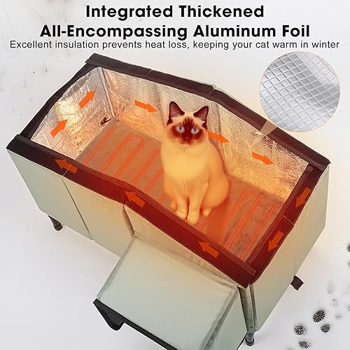 Heated Cat House Outdoor Cat House Insulated Large Elevated Weatherproof Feral Cat Shelter with Heated Pad, All-Round Insulated Cotton and Aluminum Foil Cat Shelter for Winter