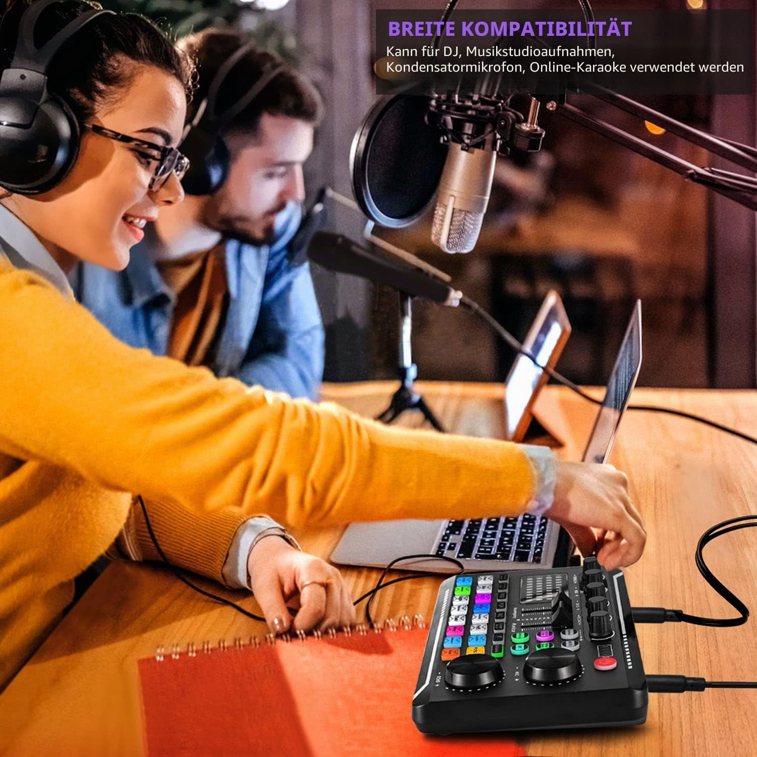 Facmogu F998 Live Sound Card Audio Mixer, Podcast Audio Interface mit DJ Mixer Effekten, Voice Changer mit Soundeffekten für Karaoke Tiktok YouTube Live Streaming Record Gaming