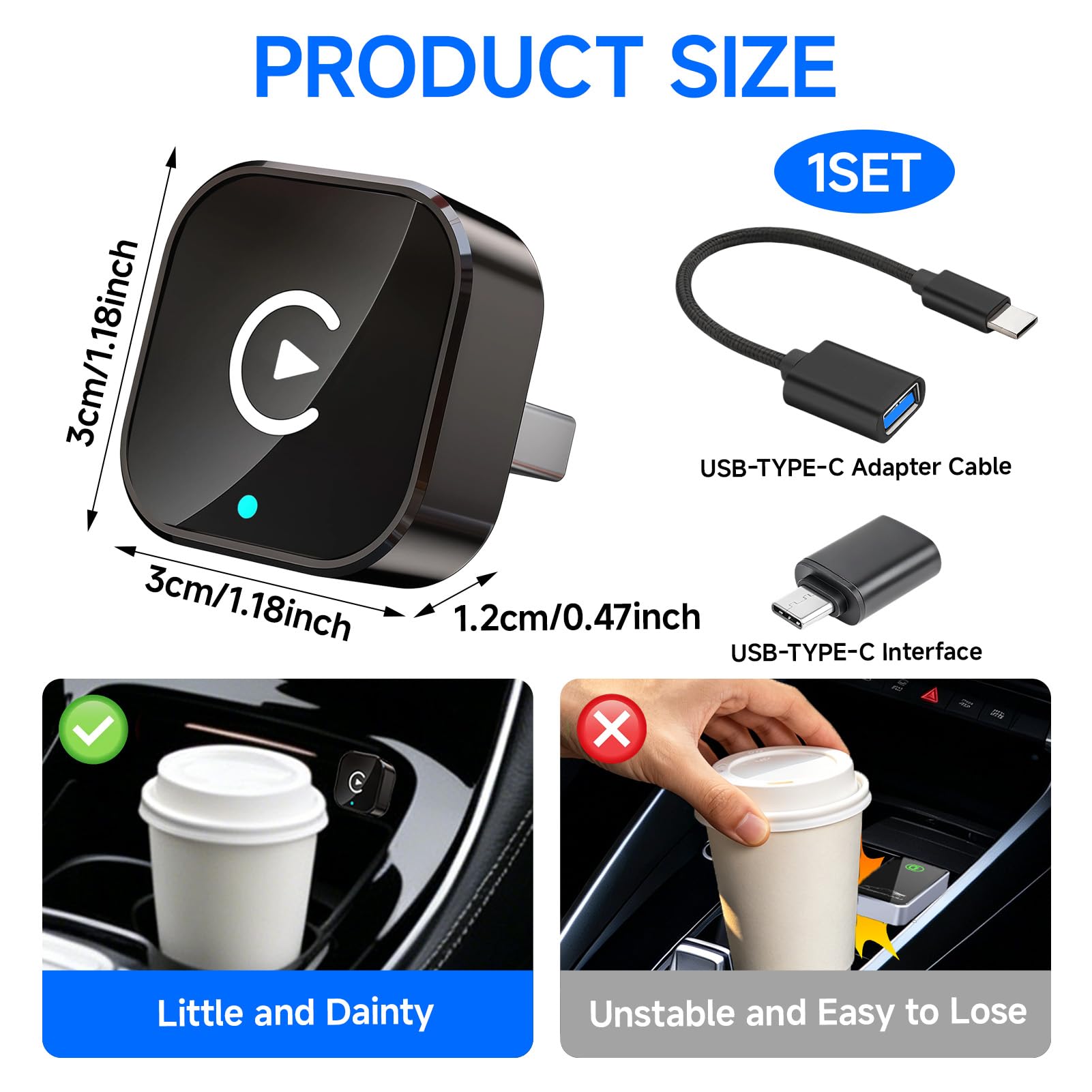 Adaptateur pour CarPlay et Android Auto sans Fil 2 en 1, Plug & Play, Reconnexion Automatique, WiFi 2,4+5,0 GHz Bluetooth 5.0, Dongle USB C/A Compatible avec Voitures (2016+) et iOS 10+/Android 11+