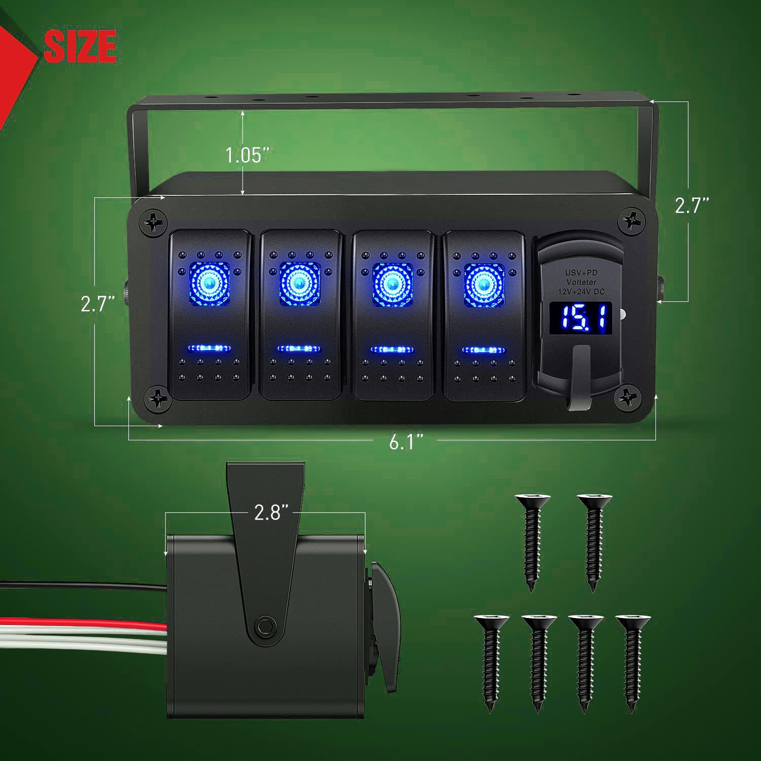Unifizz 4-drożny przełącznik kołyskowy 12 V SPST ON wyłącznik PD typ C i QC 3.0 ładowarka USB woltomierz wodoodporny aluminiowy przełącznik kołyskowy panel DIY naklejki na łodzie, samochody, kampery,