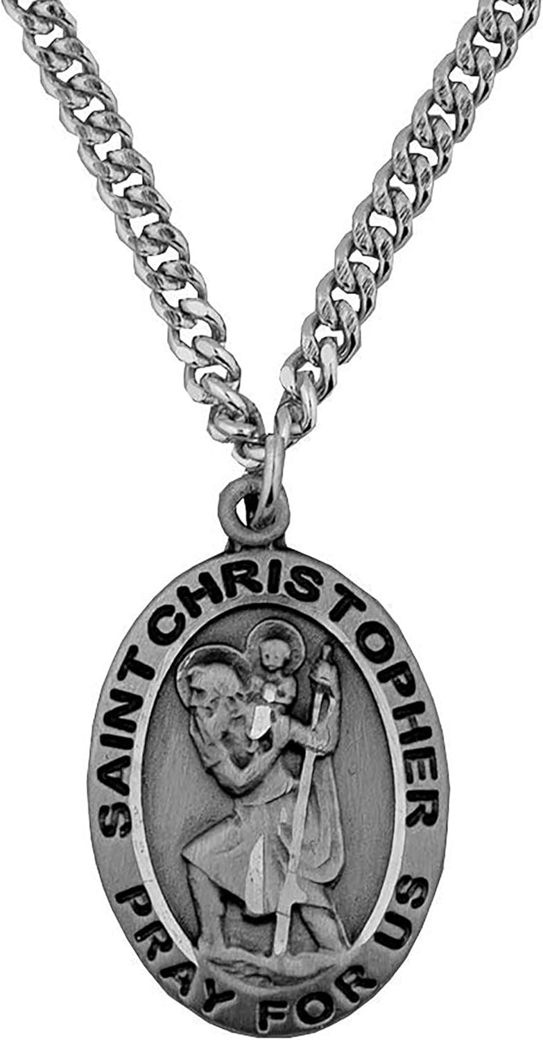 Genuine Pewter Saint Christopher Medal | Patron Saint of Travelers | Makes a Great First Communion or Confirmation Gift! | Comes with 24" Heavy Steel Chain
