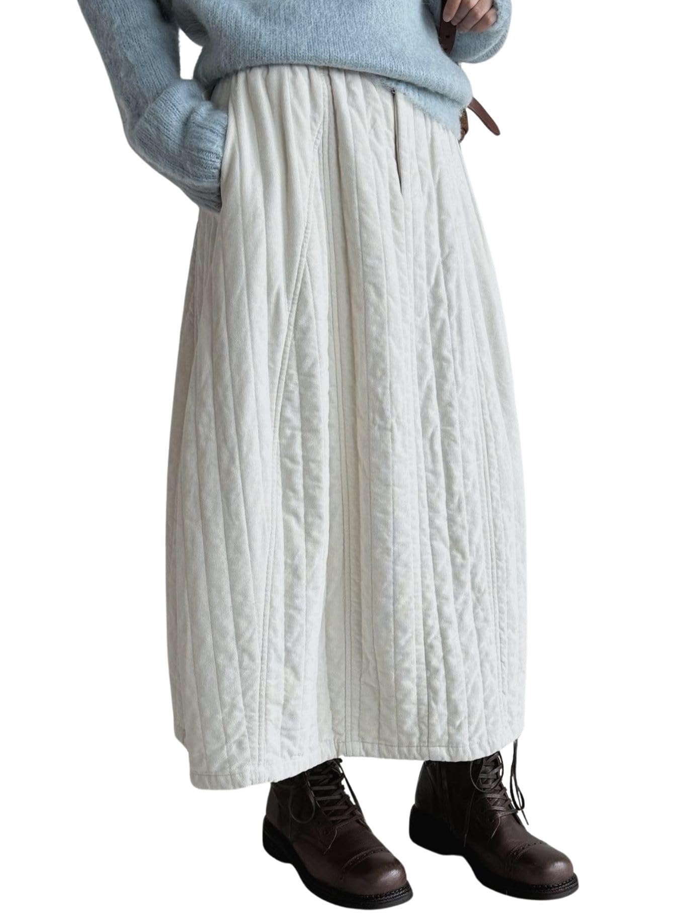 chouyatou Womens Winter Warm Elastic Waist Corduroy Padded A-Line Quilted Midi Puffer Insulated Skirt