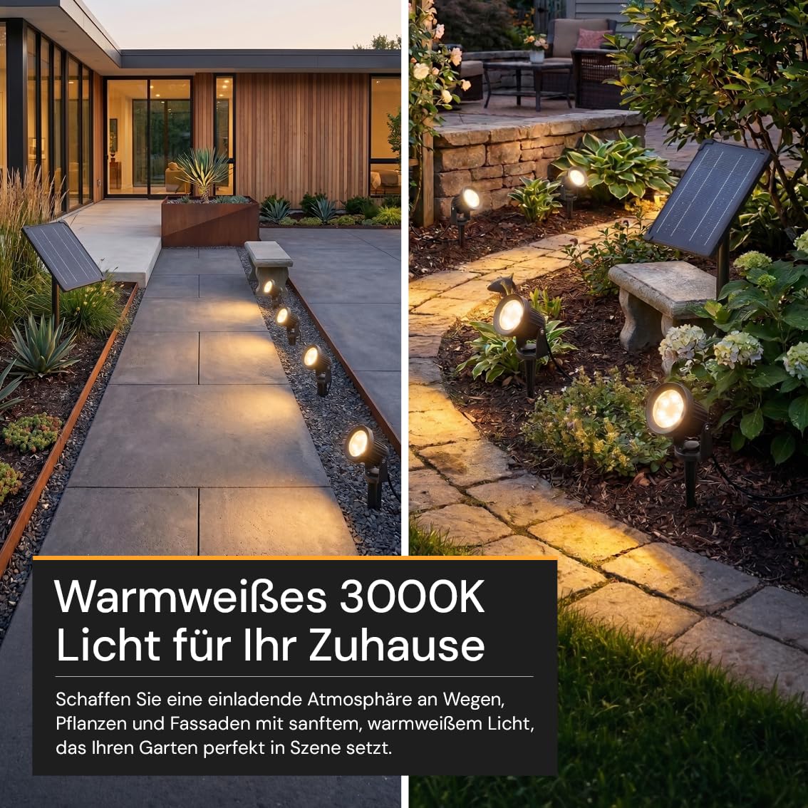 4er Pack Solarstrahler Garten Schwarz, 5W, 3000K Warmweiß | 200lm, IP54, mit Solarpanel, Erdspieß, 3m Kabel und Akku, Gartenstrahler und Solarlampe für außen