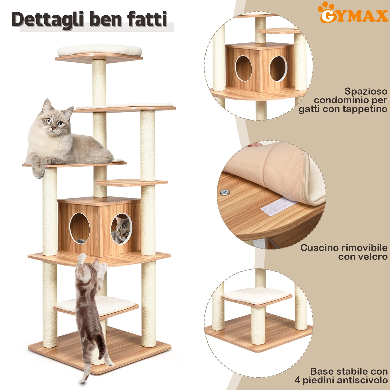 GYMAX Tiragraffi per Gatti, 86,5 x 86,5 x 176 cm, Carico 15 kg, Tronchi in Sisal, Cuscino Rimovibile Lavabile, Ideale per Gatti Grandi Adulti (Beige)