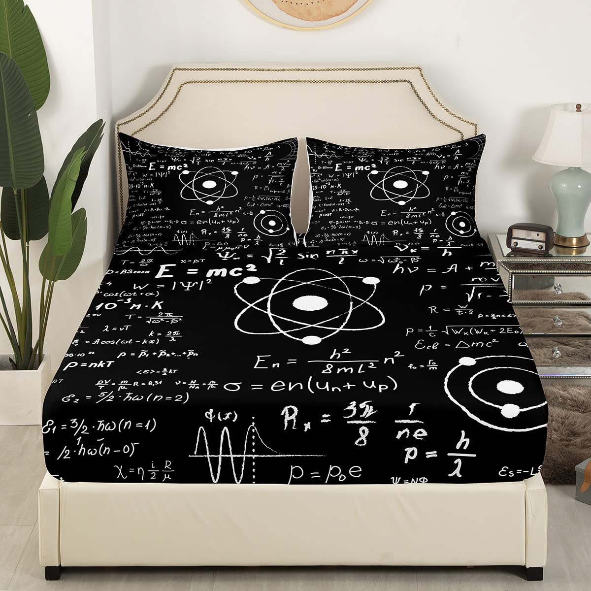 Lenzuolo con angoli disegnati a mano con formule matematiche, geometrie, algebra, calcoli, per ragazzi, ragazze, bambini, per letto matrimoniale