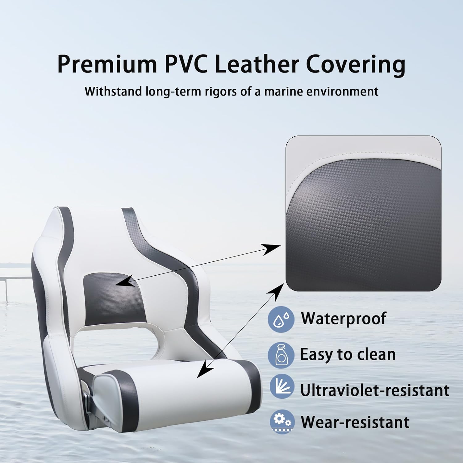 Boat Seat High Back Deluxe Premium Sports Flip Up Captain Bucket Seat Boat Chair with Armrests and Bolster, White/Black
