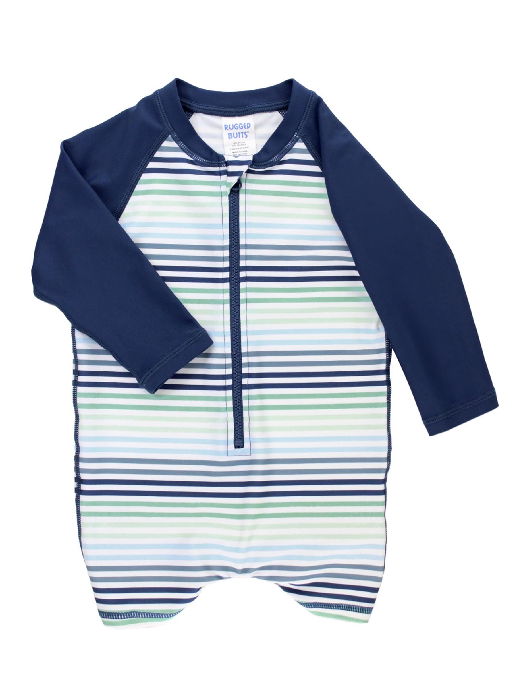 RuggedButts Baby Toddler Boy Swimsuit, One Piece Zipper Rash Guard Sunsuit with UPF 50 Sun Protection - Coastal Stripes, 2T