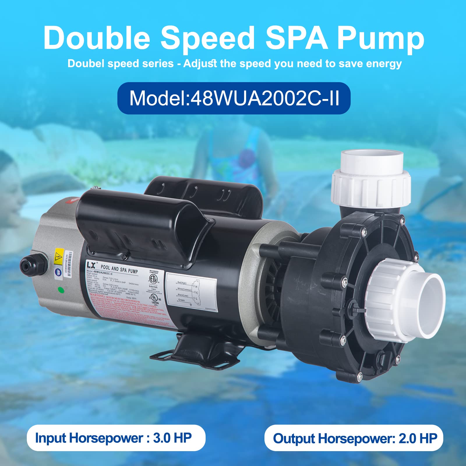 LINGXIAO SPA Pump, 3 HP Hot Tub SPA Pump - 48FR LX SPA Pump 230V/60HZ, 2 Speed, 2" Port - (Model: 48WUA2002C-II)