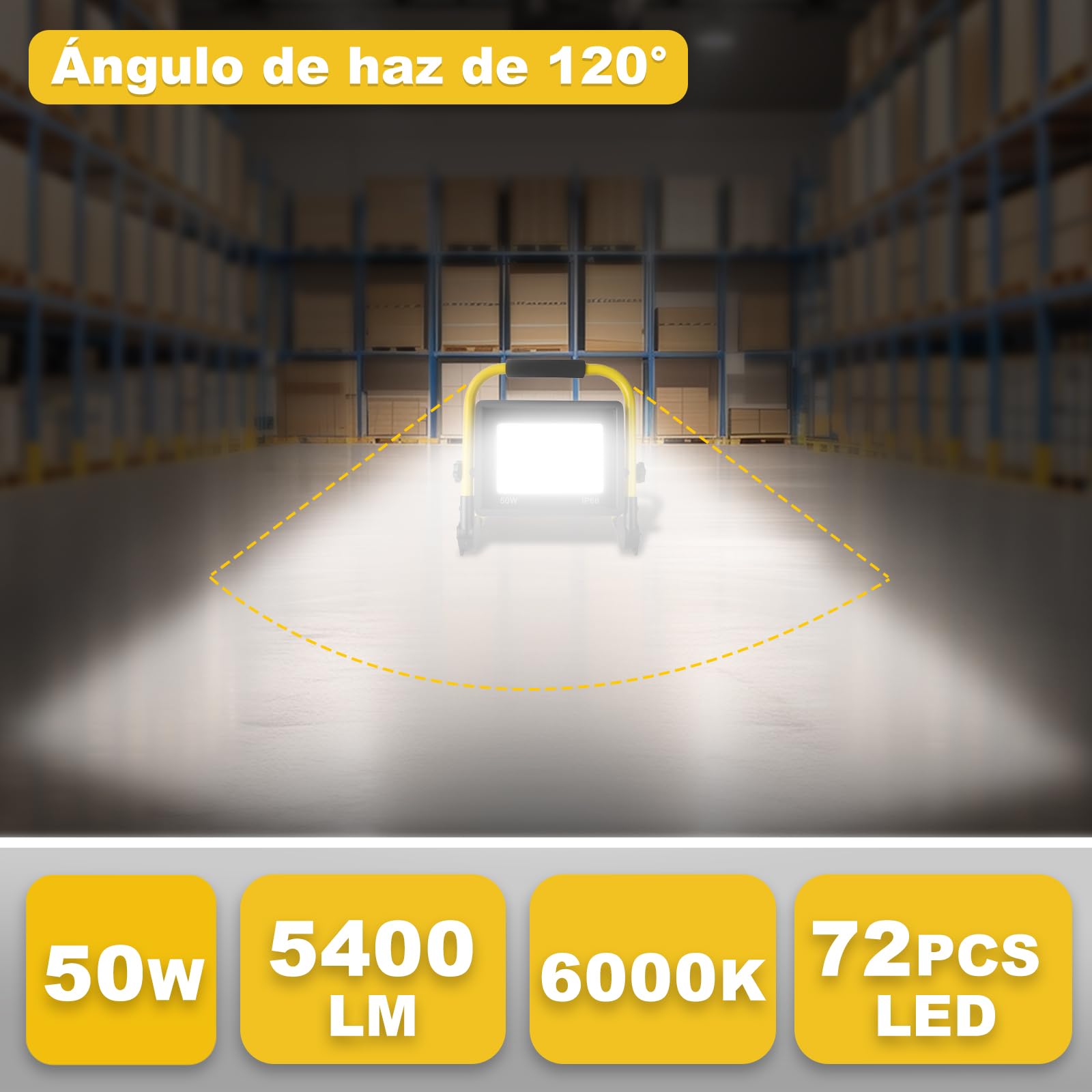 Luz de trabajo LED de 50 W, luz de trabajo súper brillante de 5400 lm, reflector portátil de 6000 K, luz blanca diurna, IP66 impermeable, luces de construcción con cable de 3,5 m, enchufe e