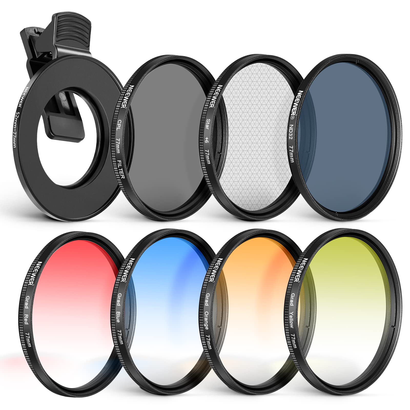NEEWER 77mm Objektivfilter Set mit Handy Objektivclip, CPL + ND32 + Stern + 4 abgestufte Farbfilter Kompatibel mit iPhone 17, 16, 16e, 15, 14 Pro Max, Canon, Nikon und Sony Kameras