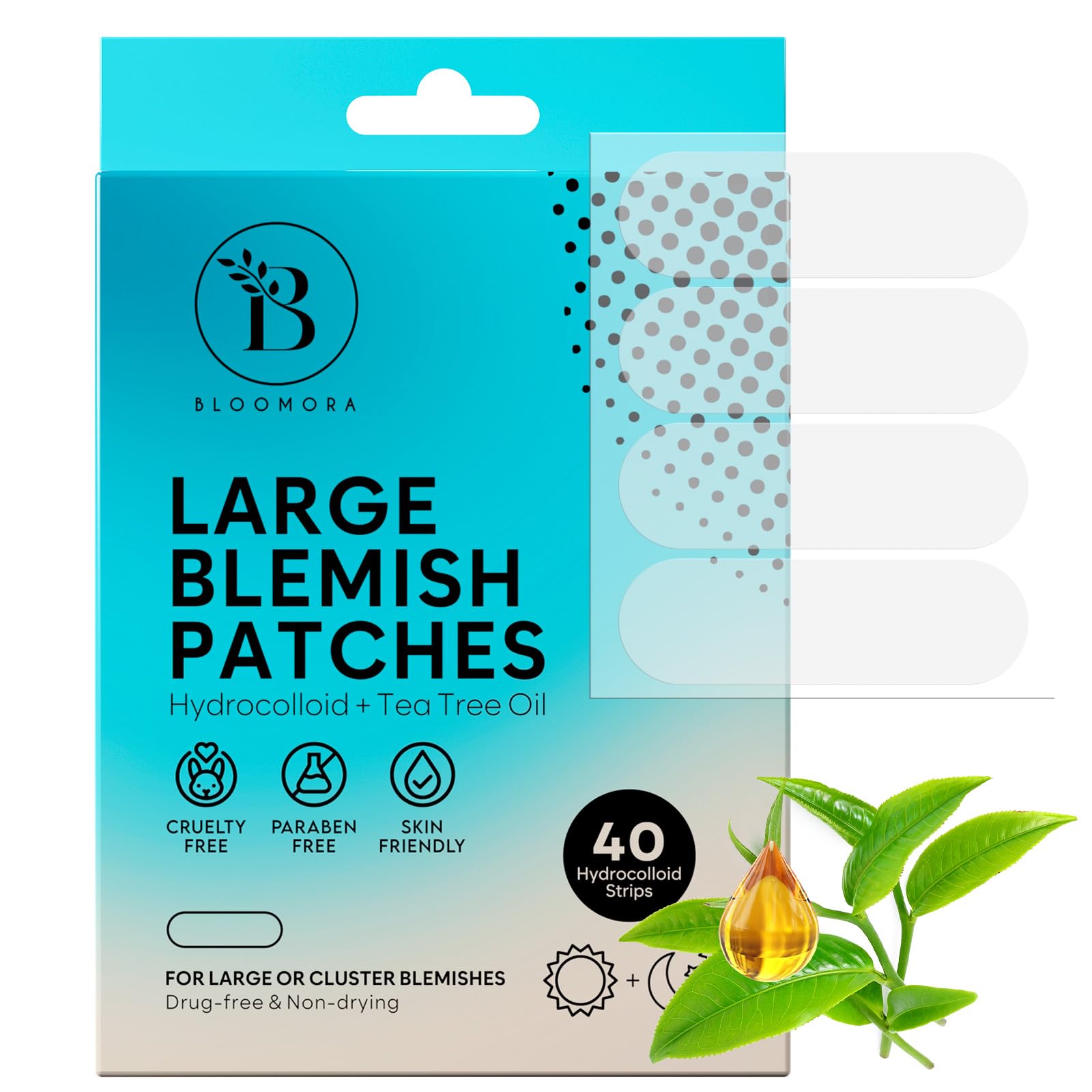 BLOOMORA Patch Brufoli Grandi – Hydrocolloid Pimple Patch con Olio di Tea Tree, Cerotti Brufoli per Viso e Corpo, Ideale per Aree Estese (40 Pezzi)