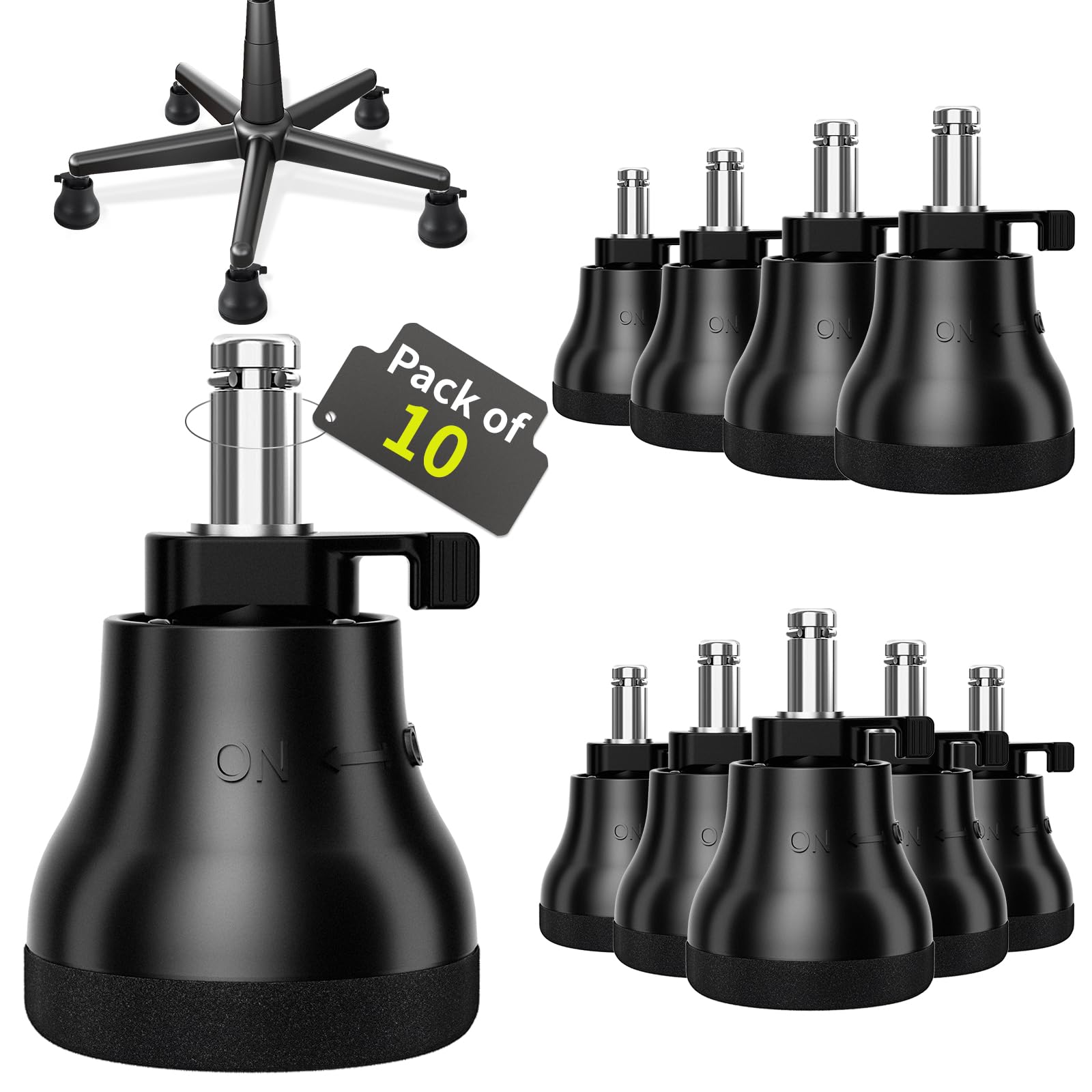 RCHYFEED 10 Pcs Bell Glides Replacement Office Chair Wheels- Chair Desk Swivel Caster Wheels to Fixed Stationary Castors for Hardwood Floors,Switch Between Wheel Glide and Stopper,On/Off Setting