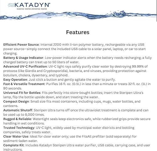 Miniatura 9 de Katadyn Steripen Ultra Portable UV Water Purifier – Rechargeable 2200mAh Battery, Eliminates 99.99% Microorganisms, Fast Water Treatment for Hiking,