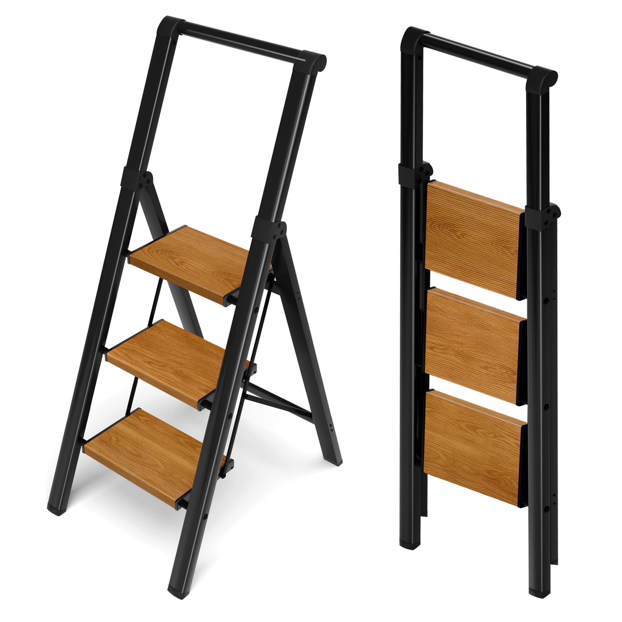 Taranta 3 Step Ladder, Portable Folding Ladder with Wide Pedal,Lightweight Aluminum Step Stool with Convenient Handgrip,330 lbs Capacity Stepladder for Home, Office-BlackWoodgrain