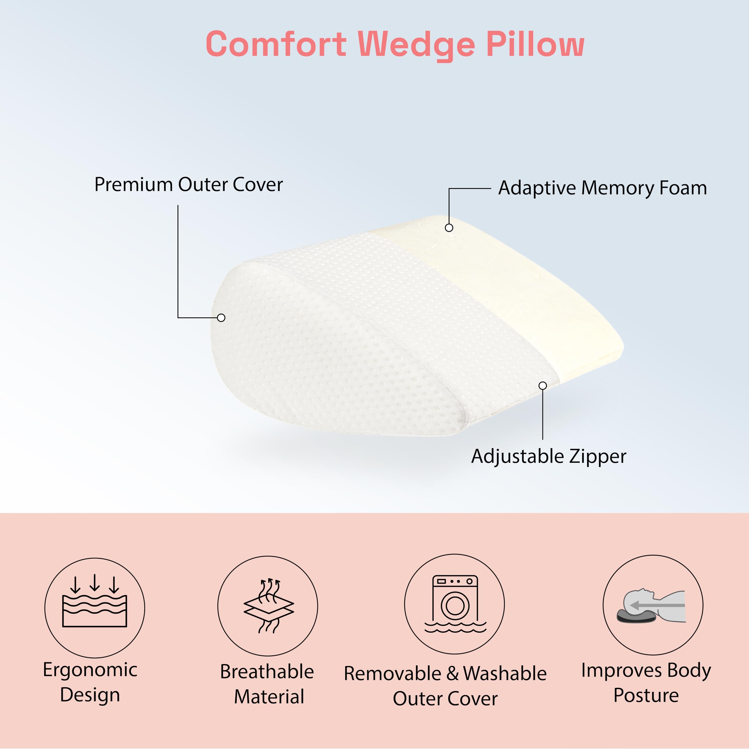 Wakefit Memory Foam Curved Wedge Pillow | Soft, Washable Cover | Multi-Purpose Support for Back Relief, Leg Elevation & Knee Comfort | White