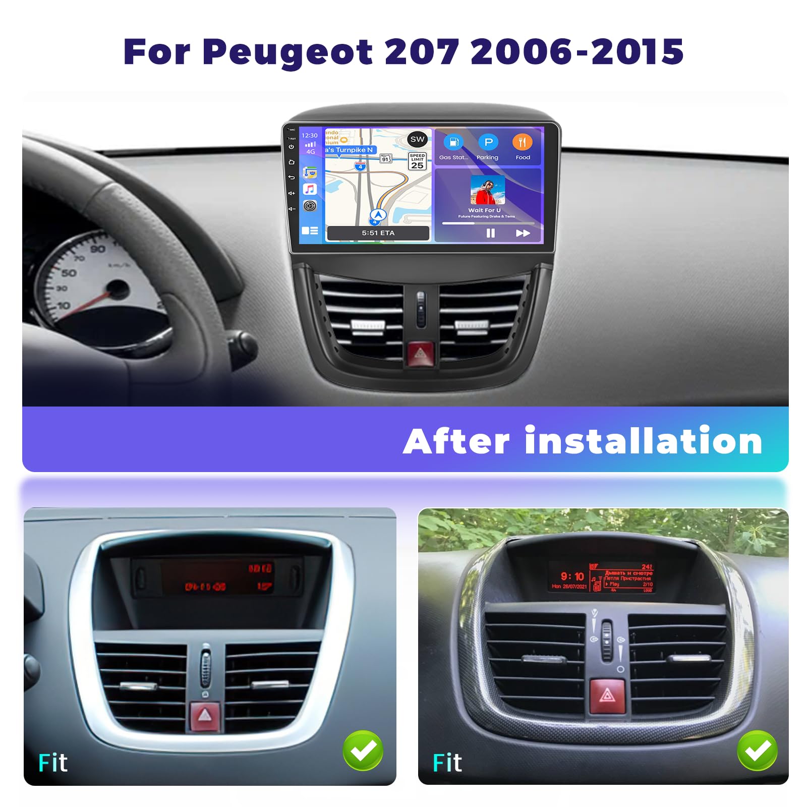 Hikity 4+64G 9" Autoradio Android pour Peugeot 207 2006-2015 | Écran Tactile Wireless Carplay Autoradio 2 DIN GPS Navi Bluetooth WiFi FM/RDS Caméra de Recul DSP EQ 4+64G