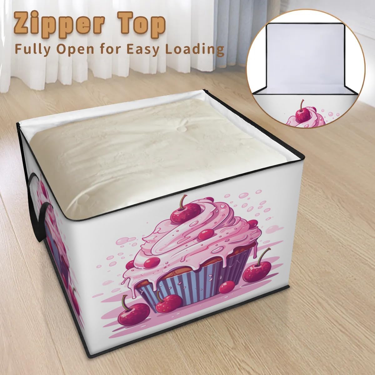 Honeybaby 214L Extra Large Comforter Storage Bag Cherry Cup Cake Storage Totes with Lids Waterproof Closet Organizer Folding Blanket Storage Bags for Clothes Bedding Pillows