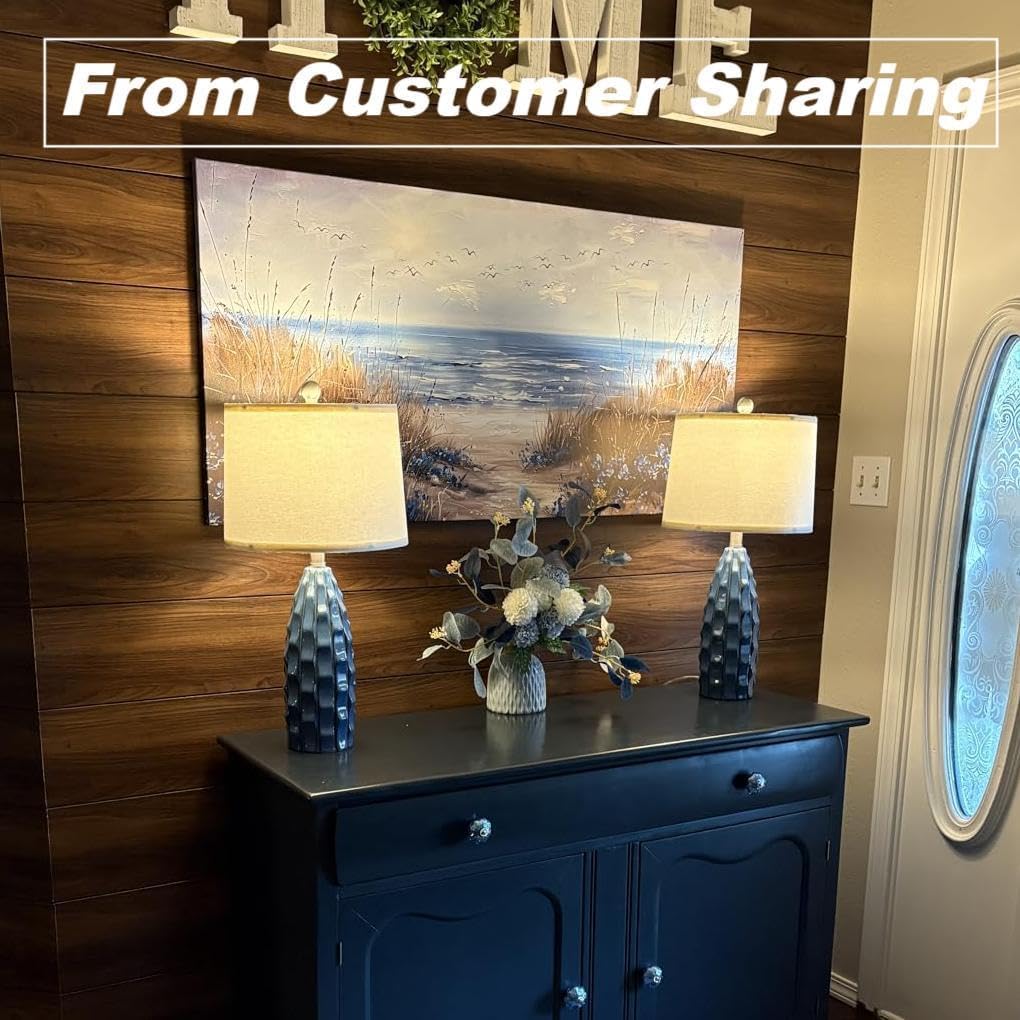 Ceramic Table Lamps Set of 2, 23.75" Modern Farmhouse Bedside Lamp - Blue Nightstand Lamps for Bedroom, Boho Living Room End Tables, Small Office Desk Lamp Decor