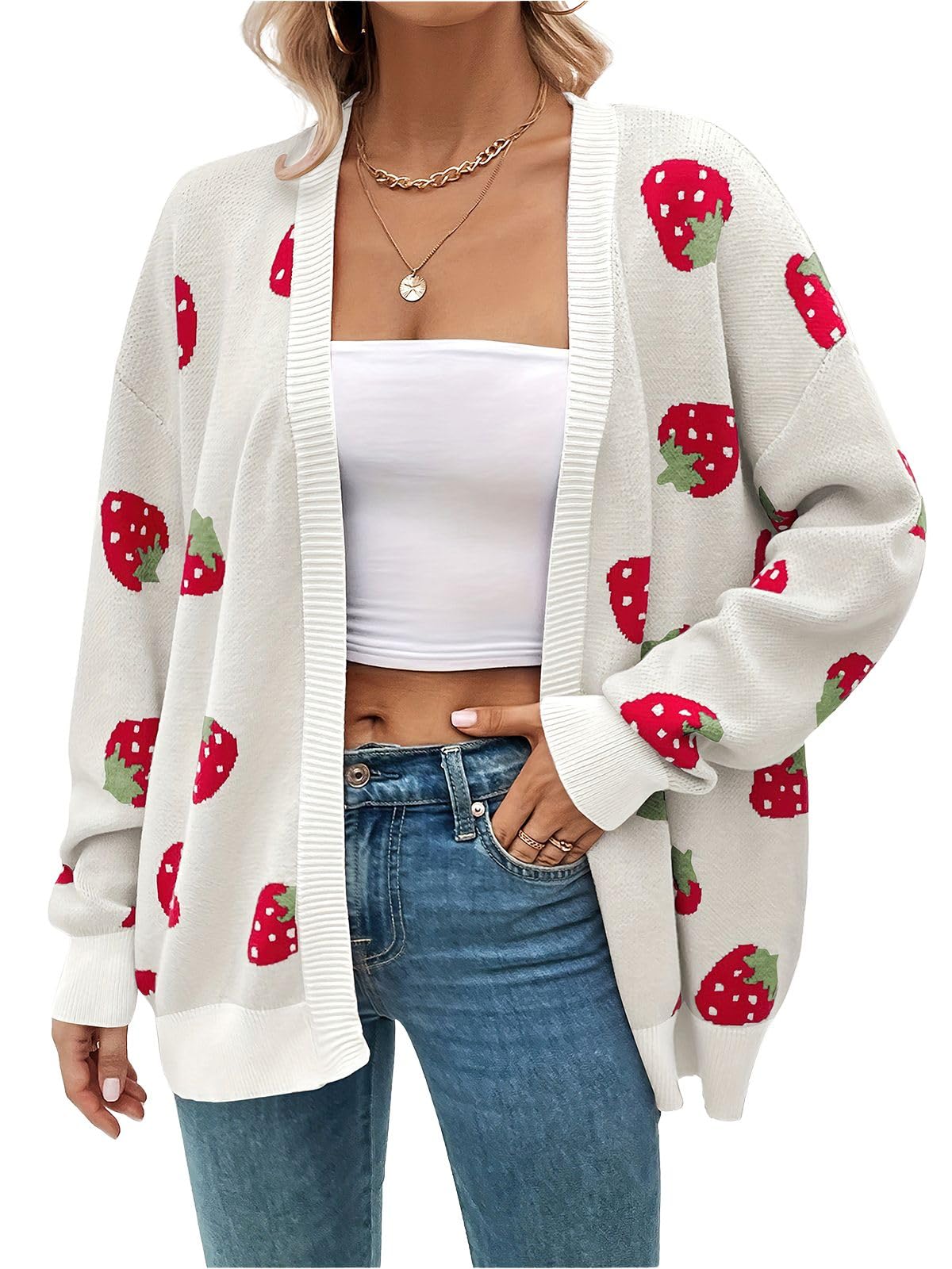 ebossy Womens Strawberry Sweaters Cartoon Kwaii Knit Long Sleeve Open Front Loose Slouchy Cardigan Outwear