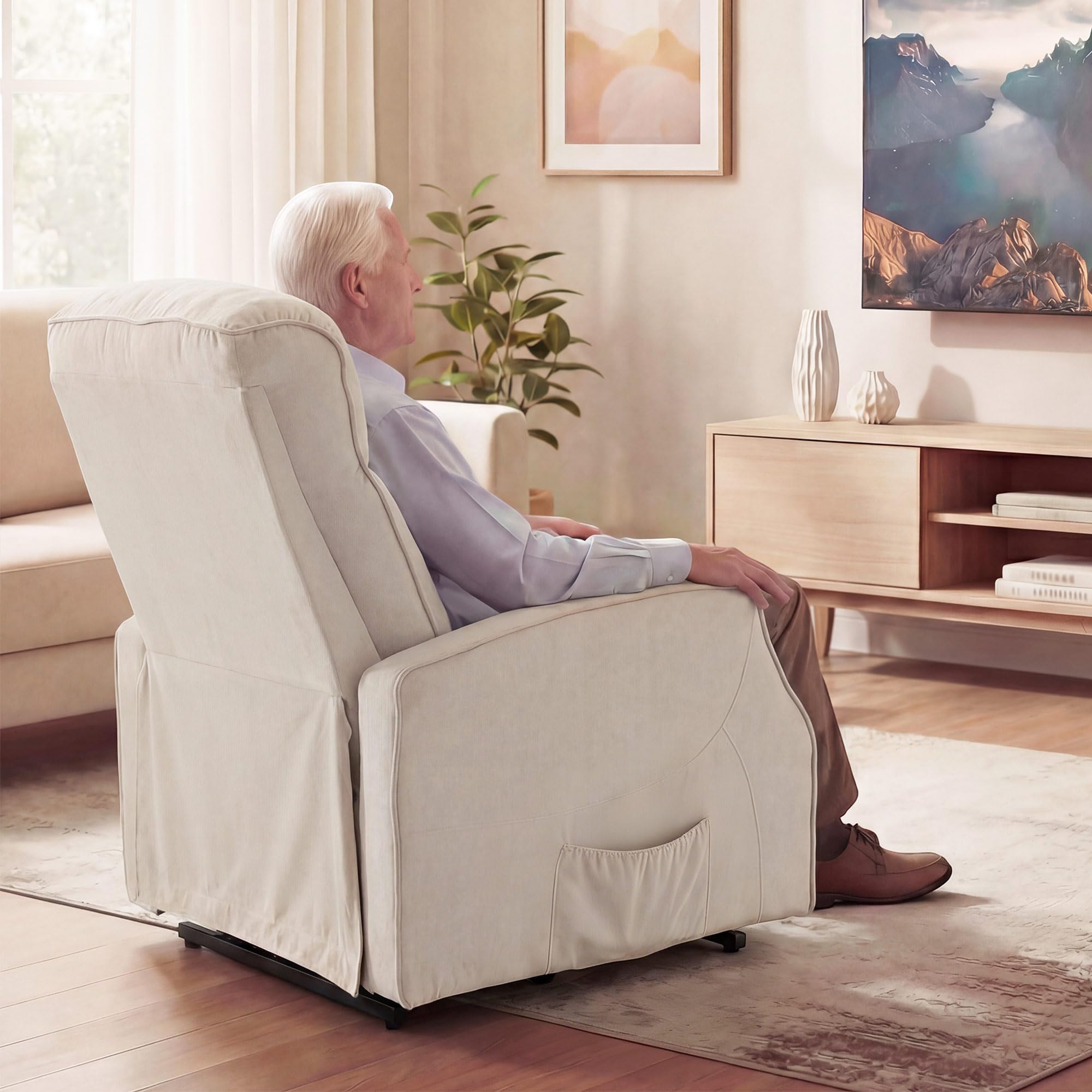 HOMCOM Poltrona Elettrica Alzapersona Reclinabile 150°, Poltrona Relax Massaggiante e Riscaldante, in Tessuto Effetto Lino per Anziani con Porta USB, Telecomandi, Poggiapiedi, Tasche Laterali, Beige