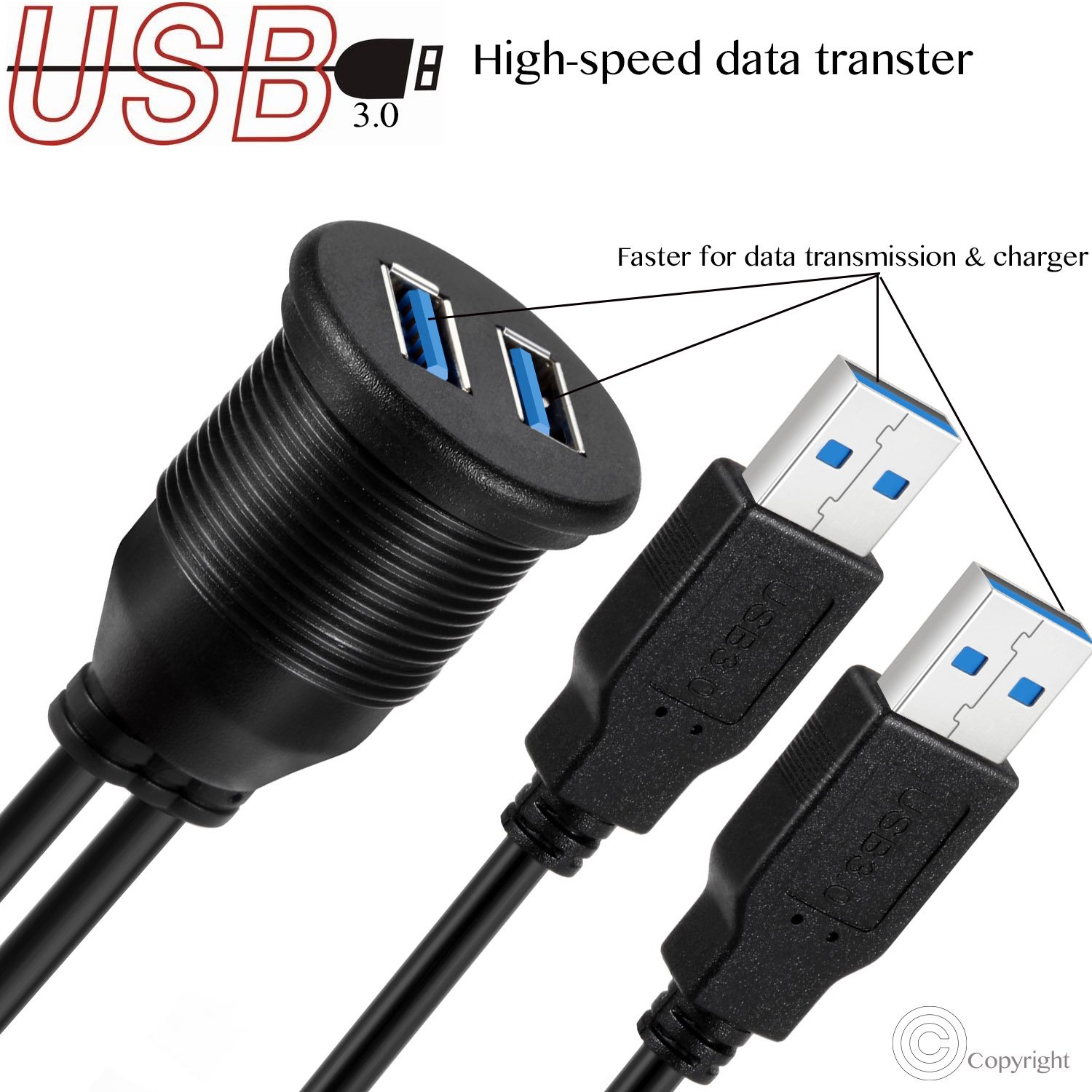 VIMVIP Car Flush Mount 2 USB 3.0 Port Waterproof 6.5 Feet Extension Dash Pannel Mount Cable for in Car