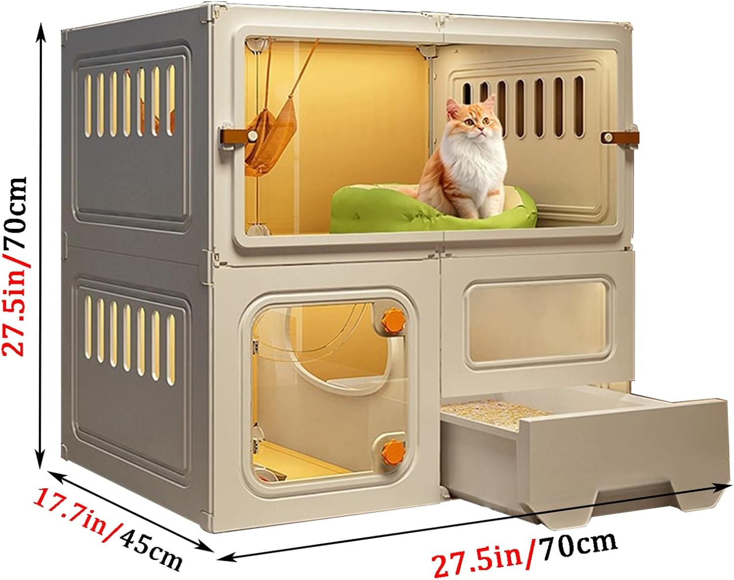 Cat Cage, Cat Playpen with Drawer Litter Box, Cat Cage Indoor with Door, Removable Small Animal Cage, Large Training Area for 1-2 Cats(White,27.5x27.5/70x70cm)