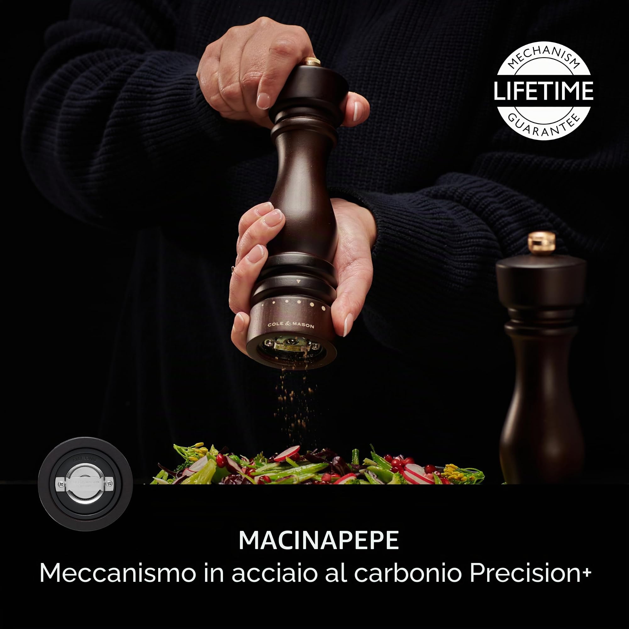 Cole & Mason London Macina Pepe Grind Select Macinatura Regolabile 22cm | Regolabile Macinino 6 Livelli Sale, Legno di Cioccolato, Macina Spezie, Macinapepe Garanzia a Vita sul Meccanismo