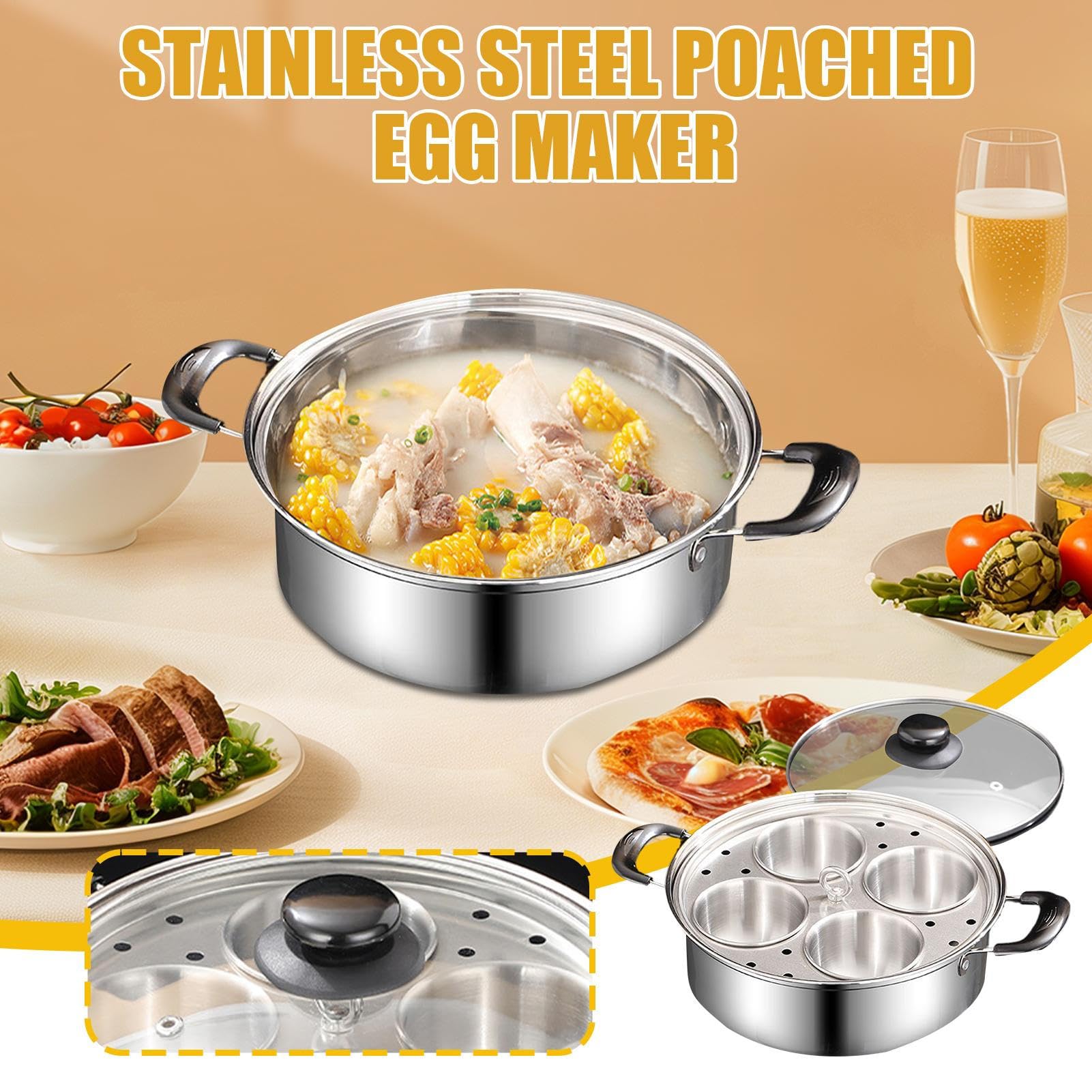 Coachadora de huevo escalfado, cazador de huevos de acero inoxidable,Vapor Pan Non Stick 4 taza de huevos | Coachadora Hoacher de cocina de acero inoxidable para cochecitos de cocción para la estufa d