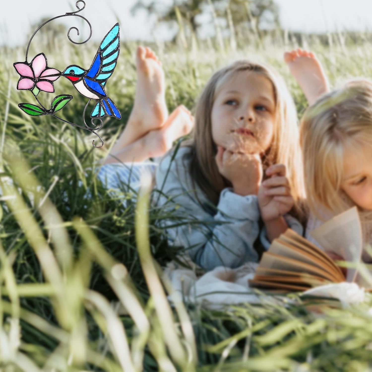 Blue Hummingbird Stained Glass Suncatcher with Flower, Handmade Window Hanging Light Catcher Bird Decor for Home & Garden, Glass Ornament Gift for Mom, Grandma & Nature Lovers - Image 7