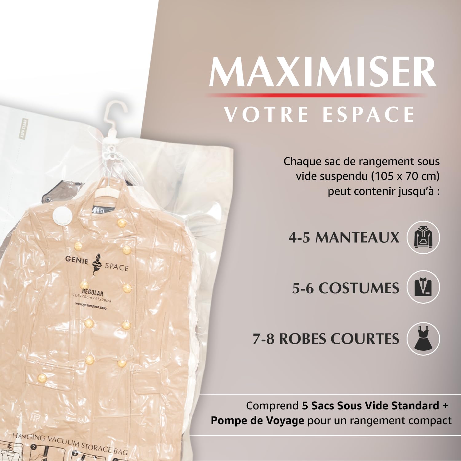 GENIE SPACE Sacs Sous Vide à Suspendre Premium pour Vêtements, Costumes et Robes, Taille Régulière 105×70 cm, Hermétiques, Réutilisables et Anti-Odeur, Gain de Place, Lot de 5 avec Pompe de Voyage