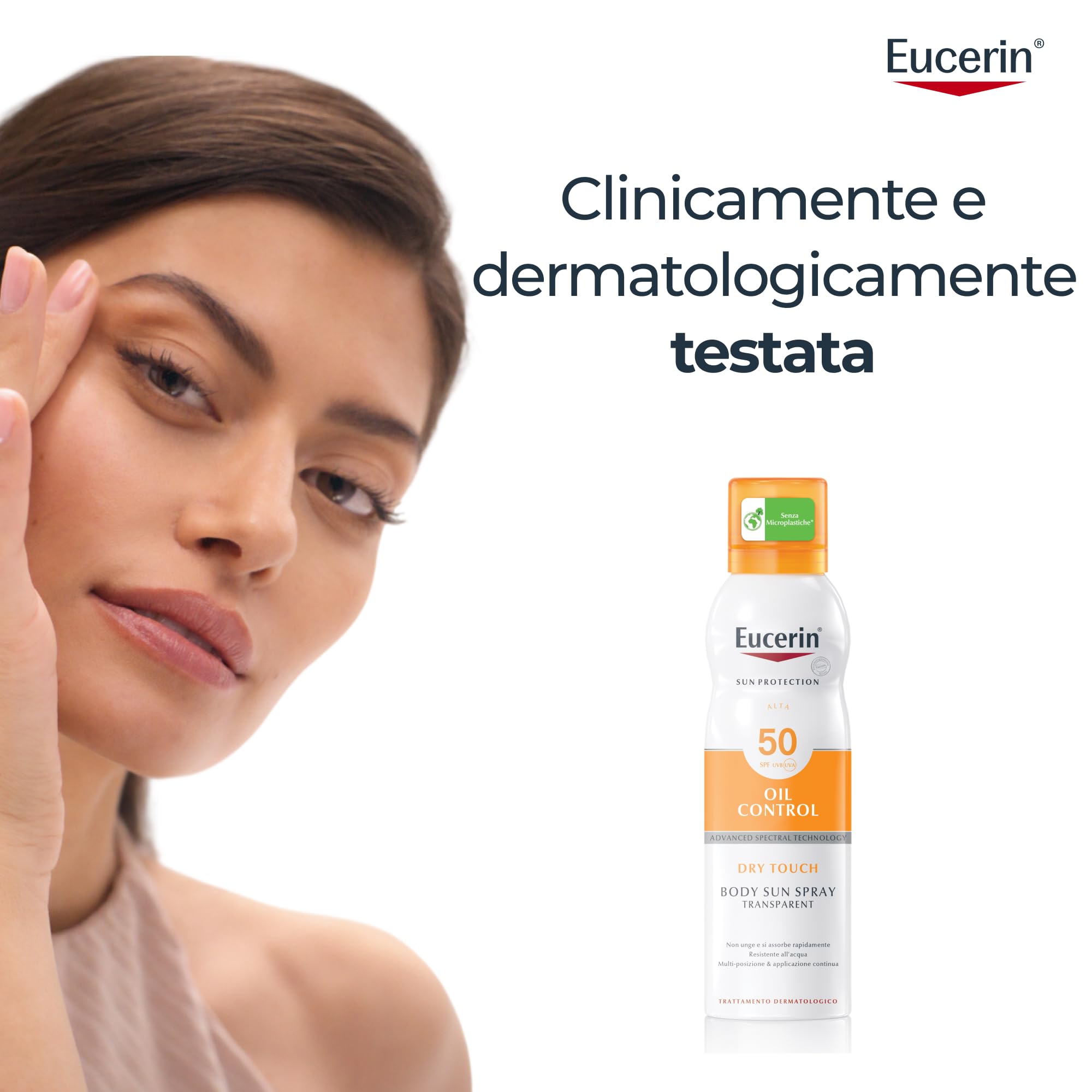Eucerin Oil Control Body Sun Transparent Dry Touch SPF 50 200 ml, Crema solare 50 spray con filtri UVA/UVB, Protezione solare 50 spray trasparente per pelle sensibile e acneica
