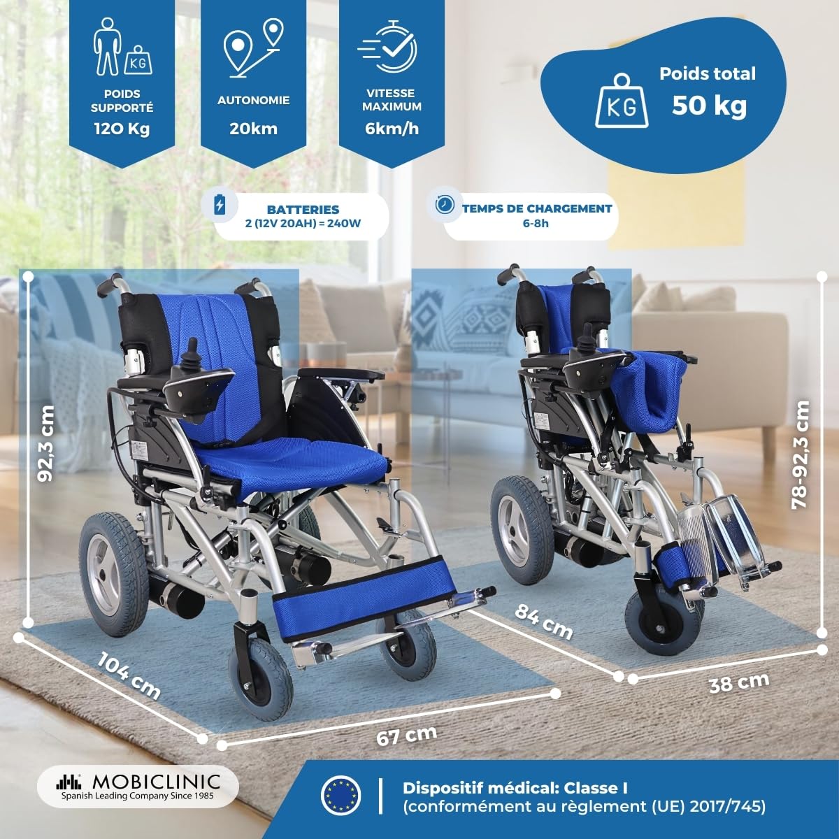 Mobiclinic®, Fauteuil roulant électrique lyra pliable, Autonomie 20 km, 2 batteries au gel 24v/200w*2, Aluminium, Ultra-léger, Poids, Jusqu'à 120 kg, Avec marche arrière, Joystick ambidextre