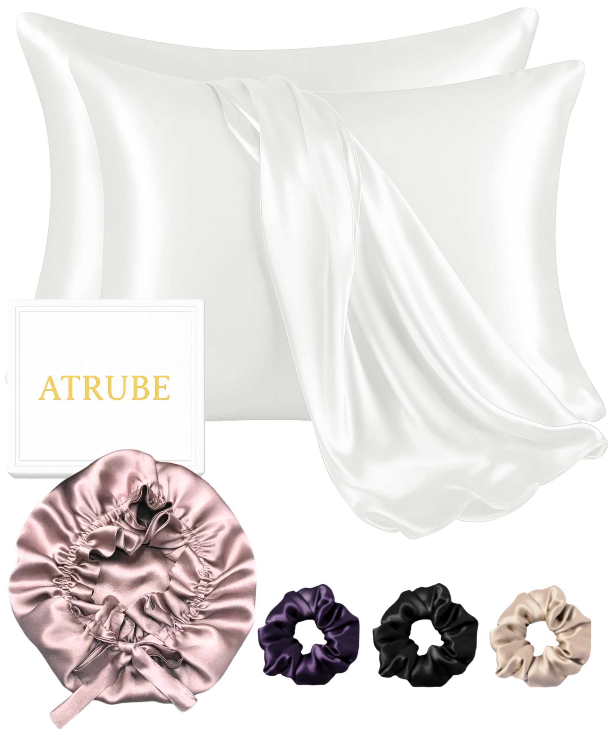 Atrube Women's Satin Silk Bonnet Hair Pillowcase 3 Premium Scrunchies Adjustable Cap Curly Hair Ribbon Tie Band, Satin Hair Wrap White-picture-34