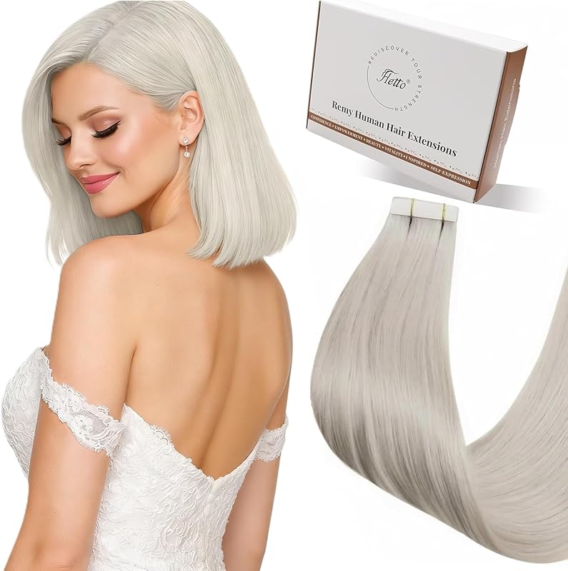 Hetto Tape in Hair Extensions Human Hair Platinum Blonde - Invisible Tape in Human Hair Extensions, Reusable Easy Wear Seamless Tape Ins 20pcs 30g 12 Inch #60 White Blonde