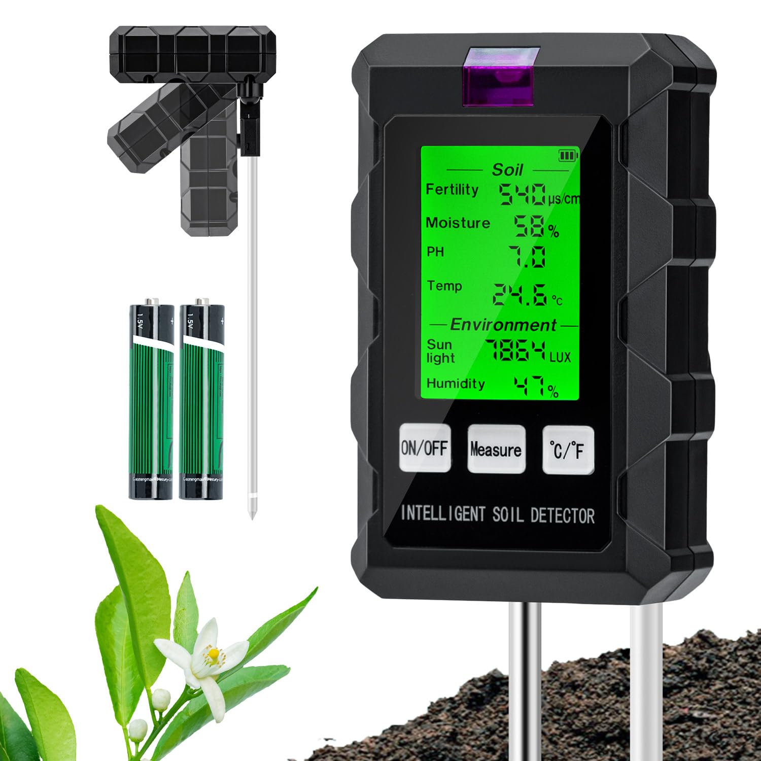 Wigearss 6 in 1 Misuratore PH Terreno, Misuratore umidità Terreno, Misuratore di Termometro Terreno, Misuratore Fertilità Terreno, Misuratore Luce Solare e Misuratore di umidità Ambientale per Piante - 1