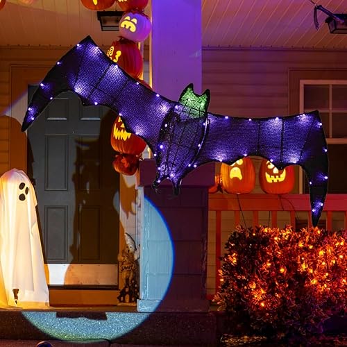 Decoración de murciélago colgante de Halloween, murciélago con purpurina con 45 luces moradas para Halloween, pared, puerta delantera, porche, disponible en Yaxa Peru