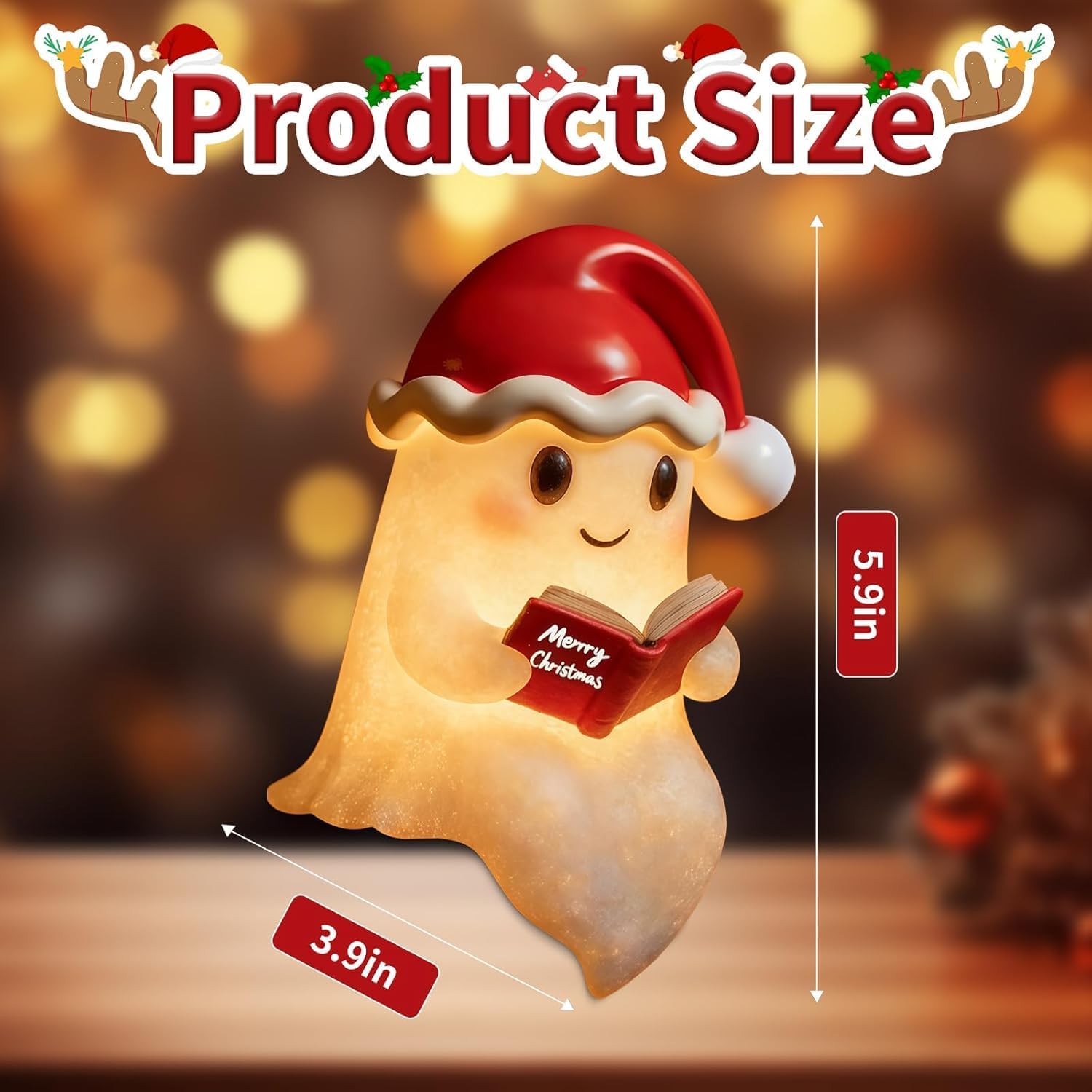 Christmas Ghost Reading Book Lamp, 5.5in Cute Ghost Night Light, Funny Ghost Figurine Statue Decor, Christmas Decoration for Gift Props Tabletop Bookshelf Living Room (Small)