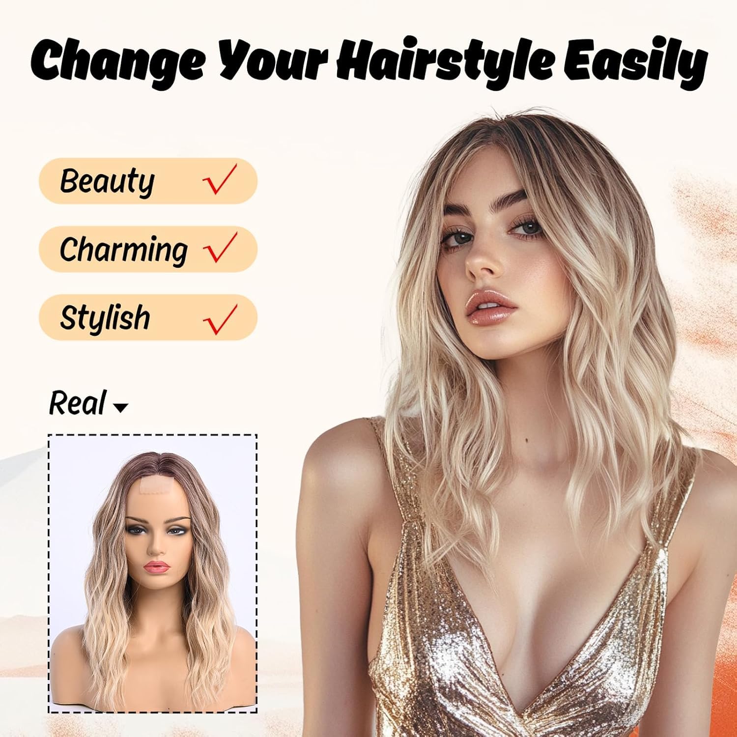 YaissmyLu Medium Length Ombre Blonde Ash Wavy Wigs for Women 18 Inch Middle Part Wavy Blond Wig Natural Looking Dirty Blonde Synthetic Heat Resistant Fiber Dark Roots Wig for Daily Party Use (18 inch) - Image 3