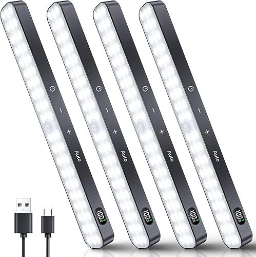 Ferswe Luces de armario con sensor de movimiento, pantalla de nivel de batería, luces para debajo del gabinete recargables, control táctil