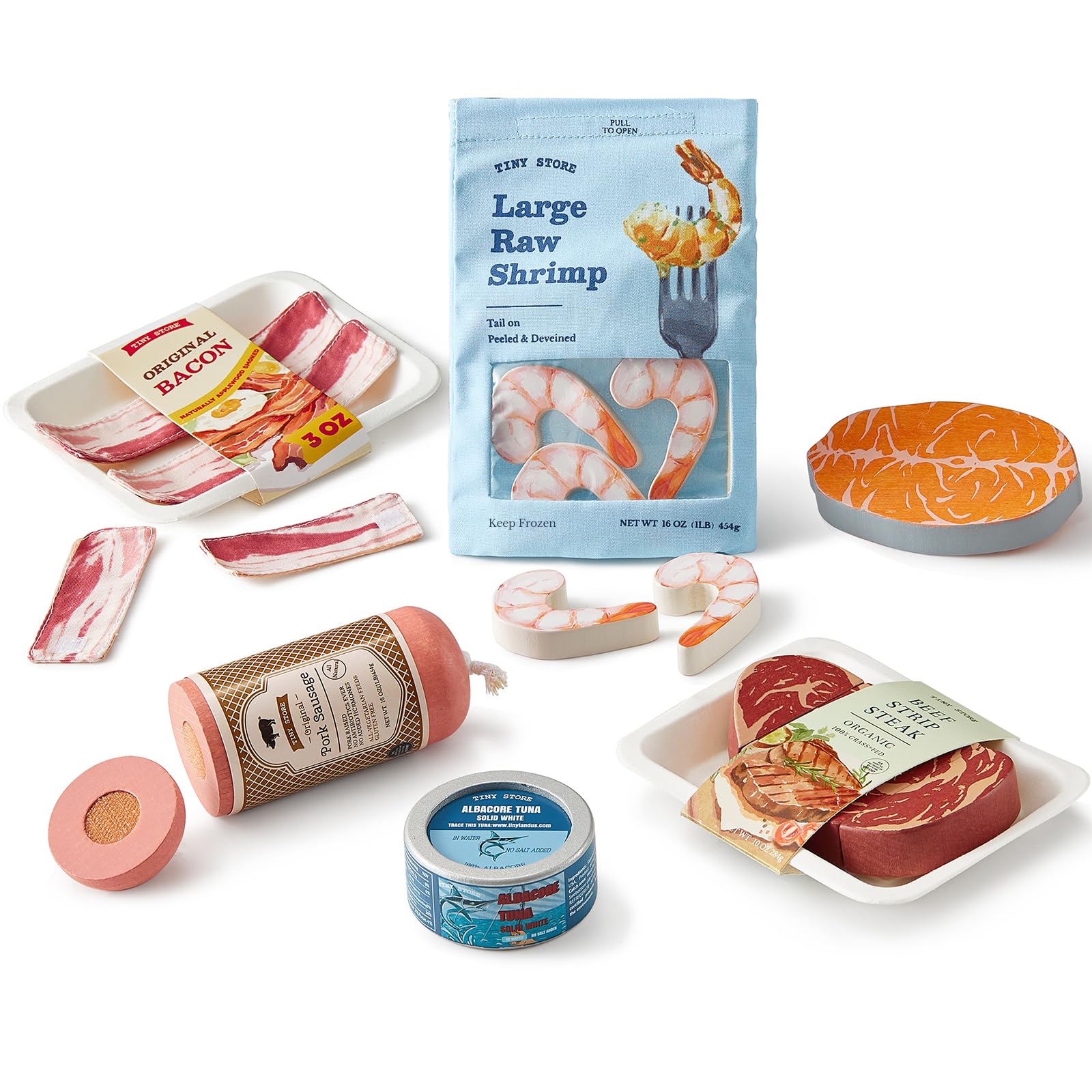 Tiny Land Organic Play Food Set - 6PCS Wooden Seafood & Meat Toy Set for Kids, Pretend Grocery for Kitchen Play, Montessori Toy Gift