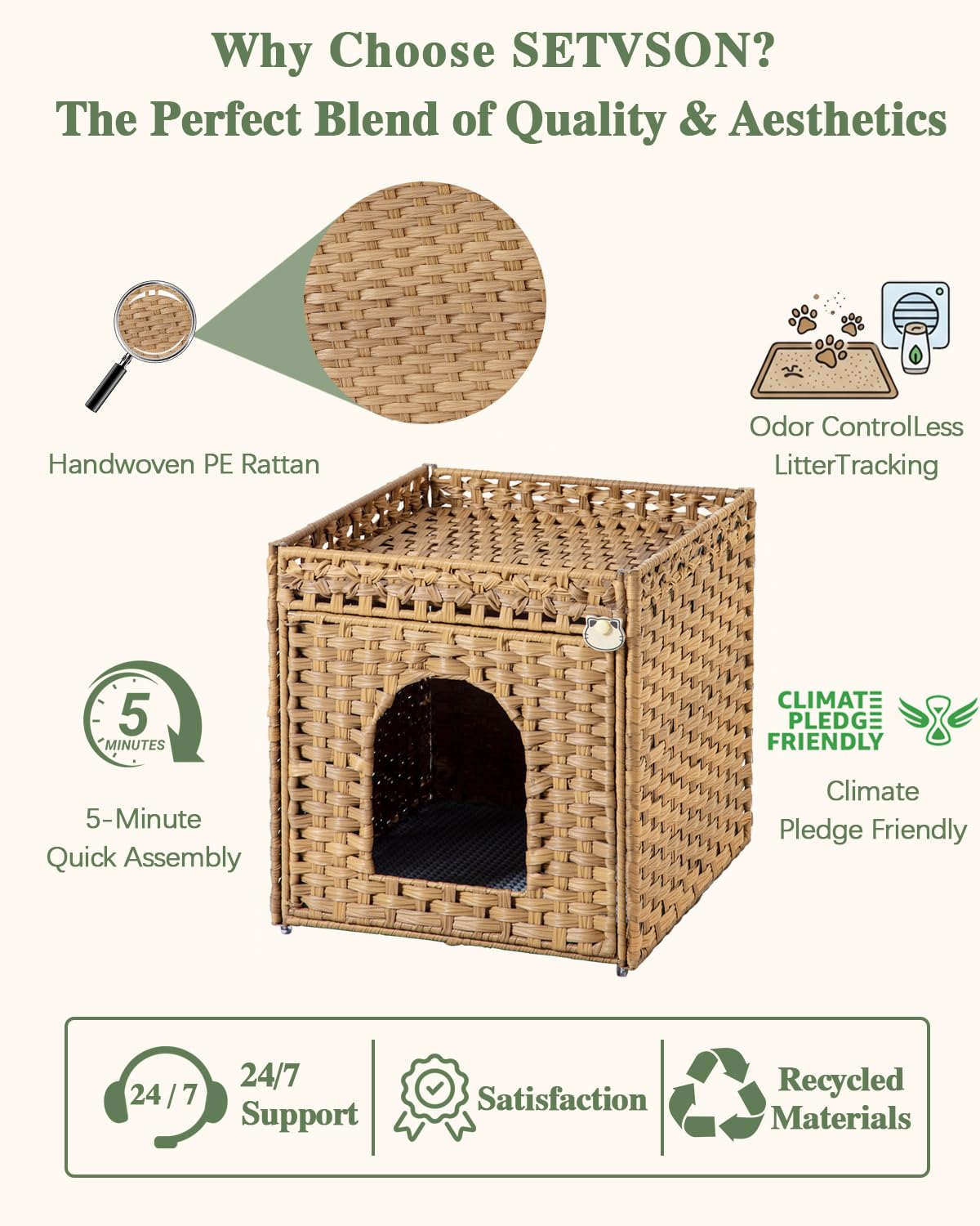 SETVSON Cat Litter Box Enclosure Furniture, Hidden Litter Box with Mat and Fence, Handwoven Rattan Cat House with Two S-Shaped Hooks for Living Room, Bedroom, 18.5 x 20.5 x 19.1 Inches (Natural) - image 7