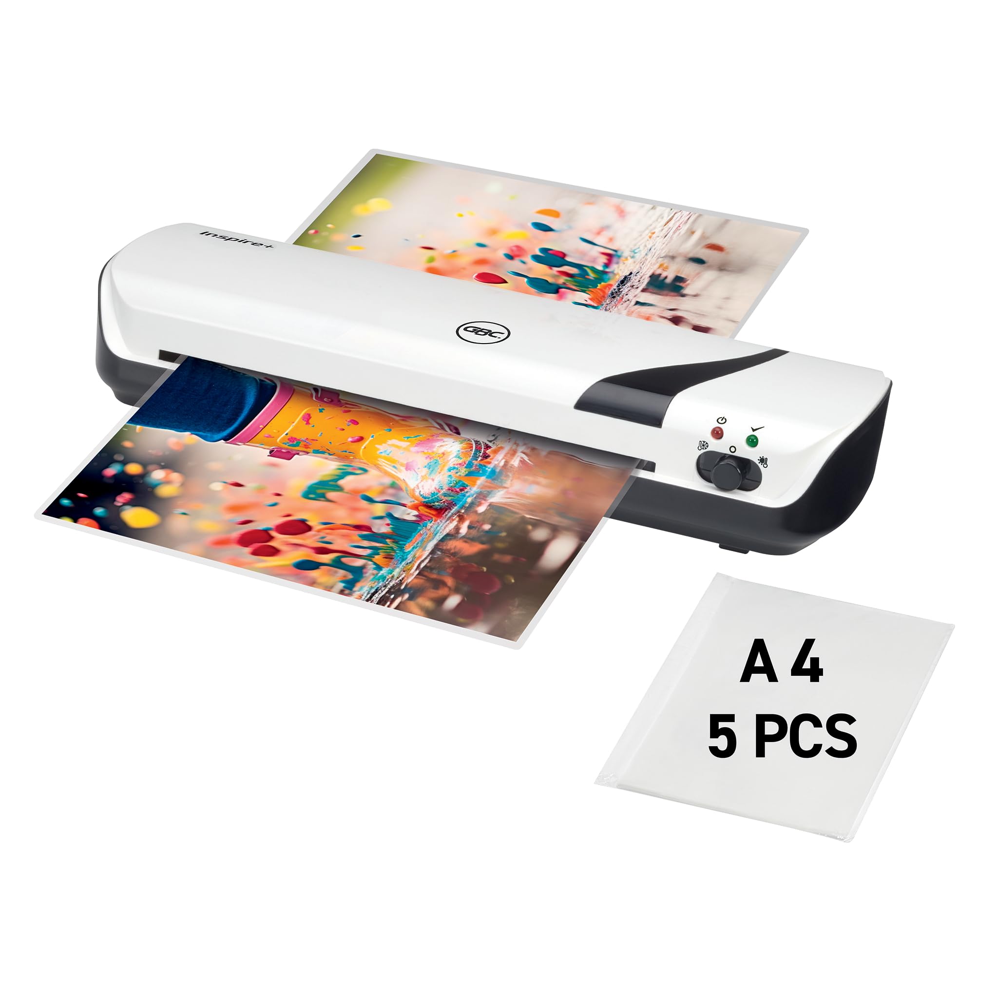 GBC Inspire+ Plastificatrice A4 con Tempo di Riscaldamento di 4 Minuti e Leva di Rilascio Anti-Inceppamento, Include una Confezione da 5 Pouch, Plastificazione a Caldo e a Freddo - Bianco (4410031)