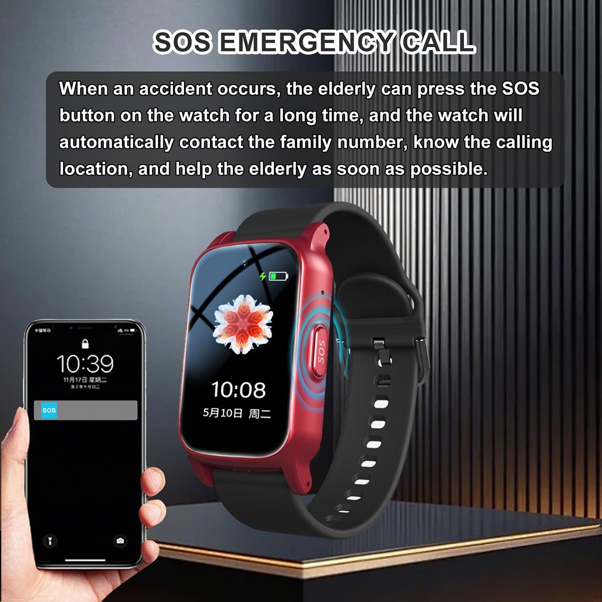 Montre Urgence Senior Montre 4G pour Seniors avec Détection De Chute Personne Âgée Bouton SOS Appels Vidéo HD Idéal pour Les Soins des Personnes ÂgéesRed,1.25 * 0.57 * 2.22inch