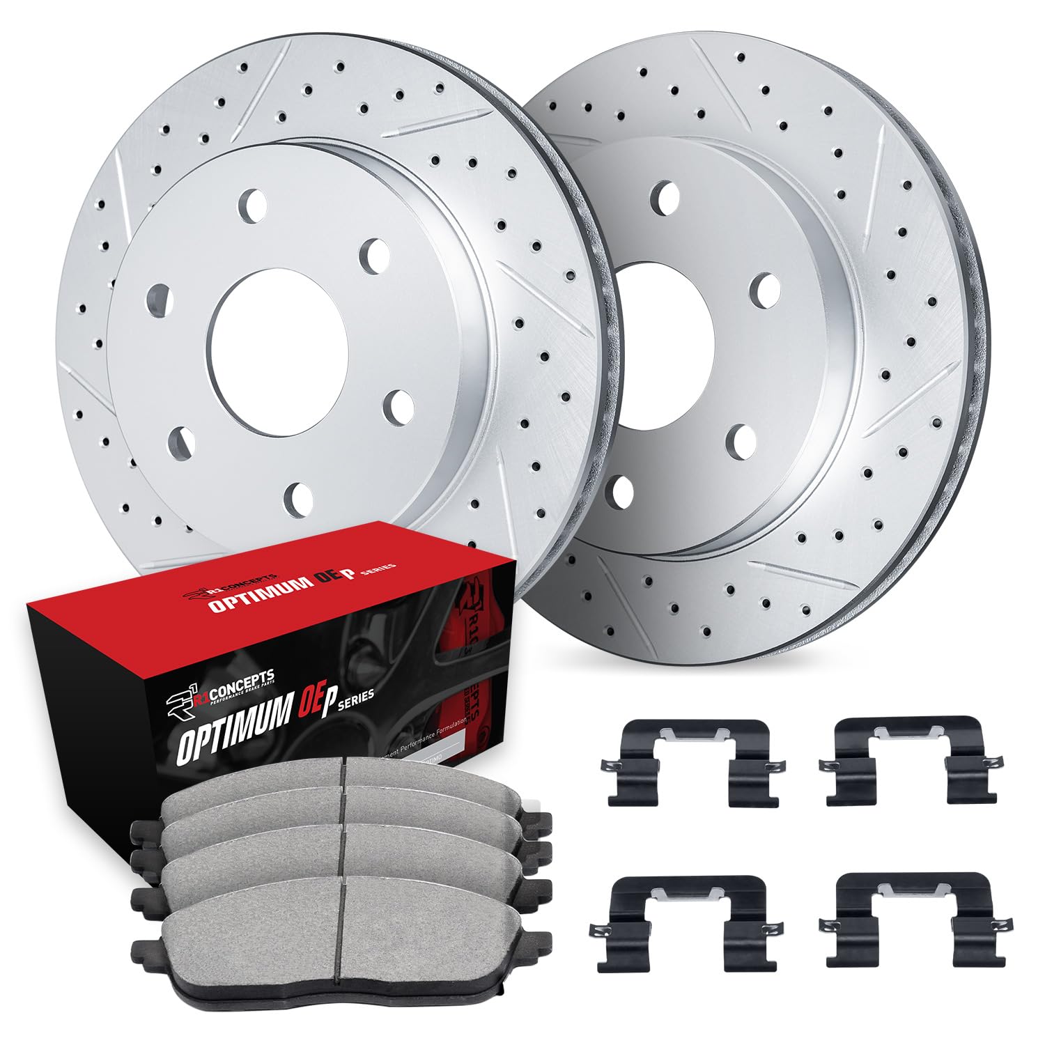 R1 Concepts Front Brakes and Rotors Kit |Front Brake Pads| Brake Rotors and Pads| Optimum OEp Brake Pads and Rotors |Hardware Kit|fits 2010-2016 Cadillac SRX