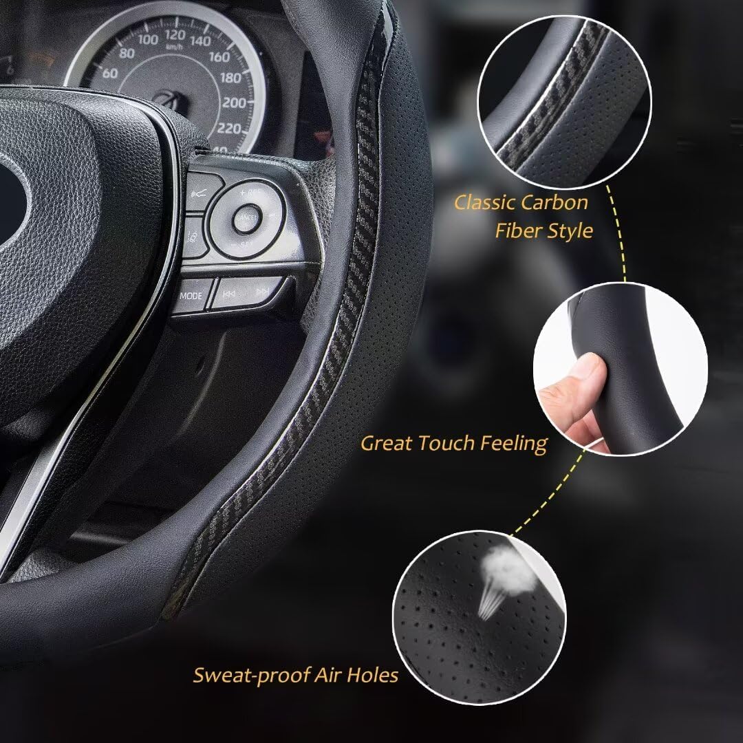 Black Steering Wheel Cover with Coasters Leather Universal 15 inch | Carbon Fiber Car Steering Wheel Covers Microfiber Breathable Anti-Slip Steering Wheel Accessories Set