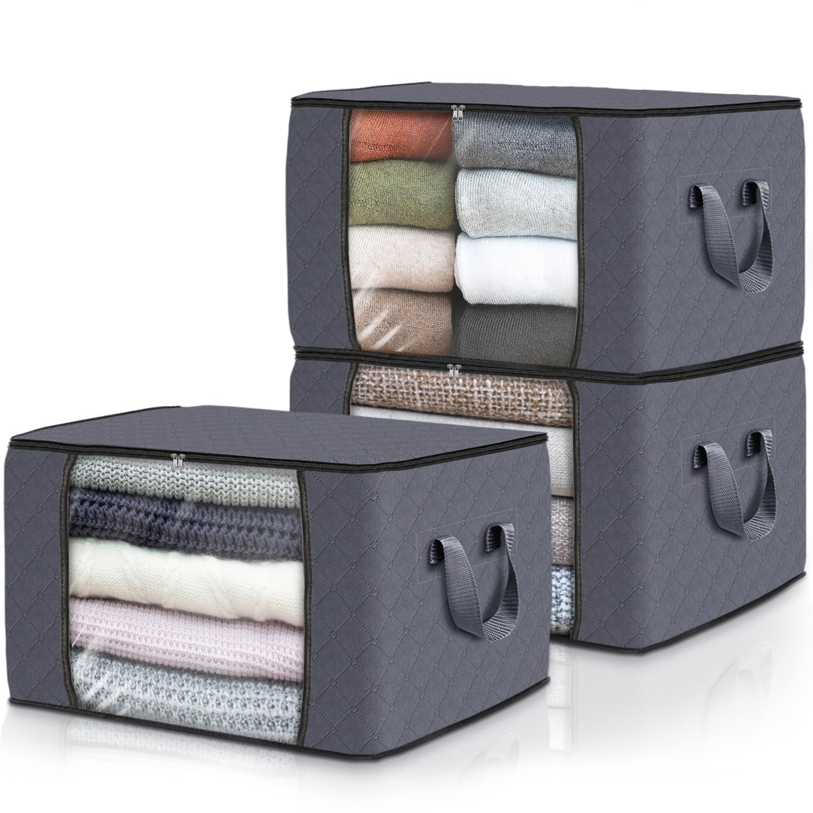 Fab totes Storage Bags,Clothes Blanket Storage Bins Foldable Closet Organizers with Reinforced Handle for Home Dorm Storage and Organization,Fabric Bags for Organizing Sheets,Clothing (Grey,3 Pack)