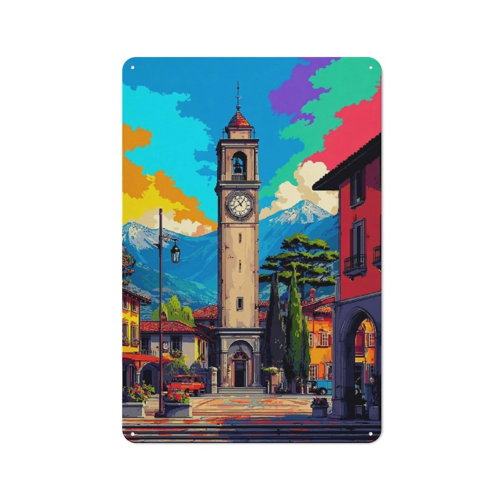 Junmoney Colorful Town Square With Clock Tower Metal Plaque 30X20cm With For Home Bar Wall, Retro Decor, For Garage, Workshop And Man Cave Decoration