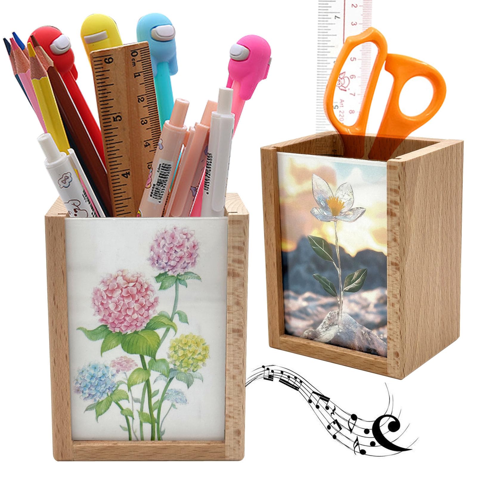 Pursuestar Solid Wood Mini Photo Frame Pen Holder Wind Up Music Box for Desk, Pencil Cup Makeup Brush Holders Musical Gift for Christmas/Birthday/Valentine's Day -Edelweiss