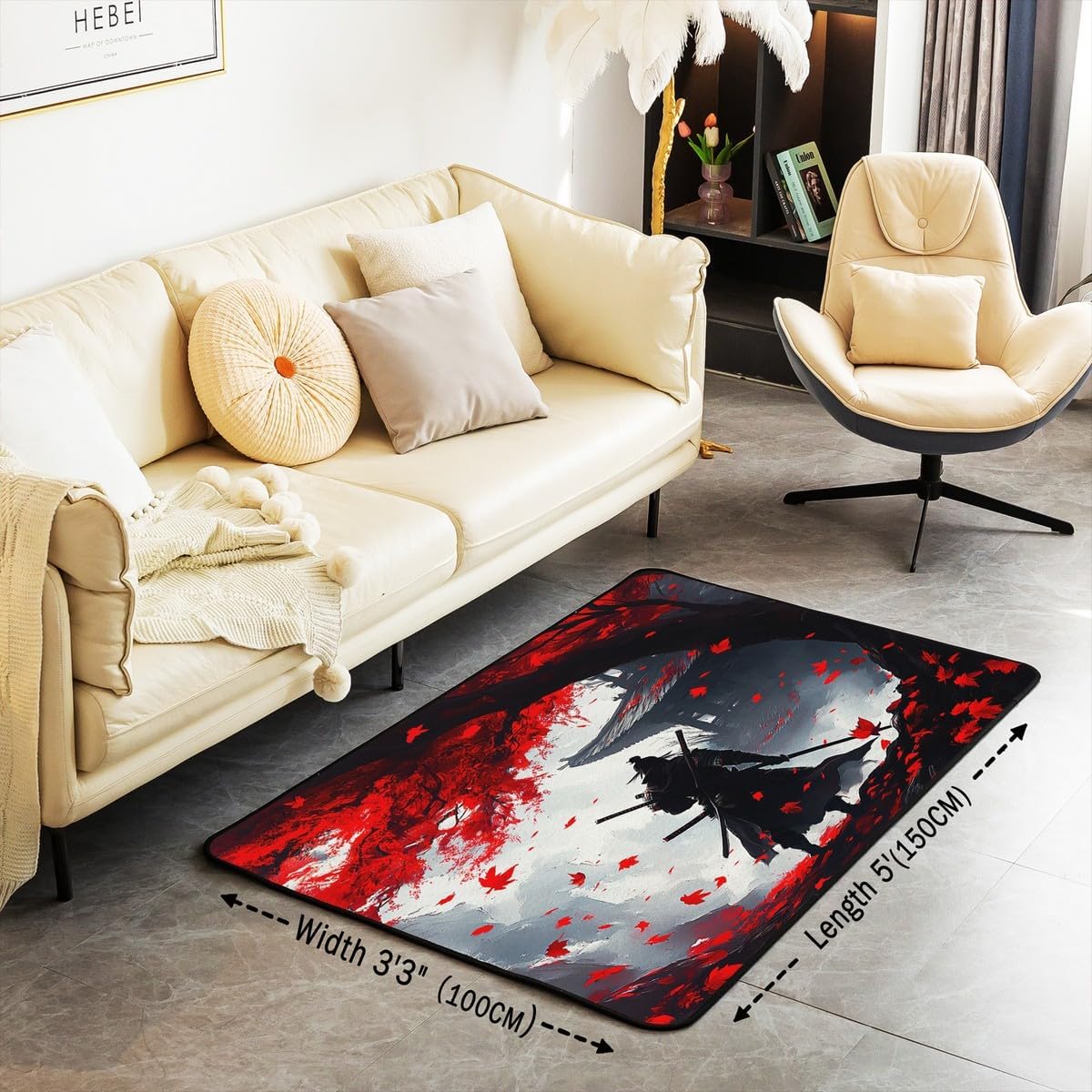 Feelyou Kids Samurai Living Room Rugs Area Rug 5x7, Japanese Style Accent Rug Japanese Ukiyoe Indoor Floor Mat Boys Girls Sunset Teens Decorative Rug Decor
